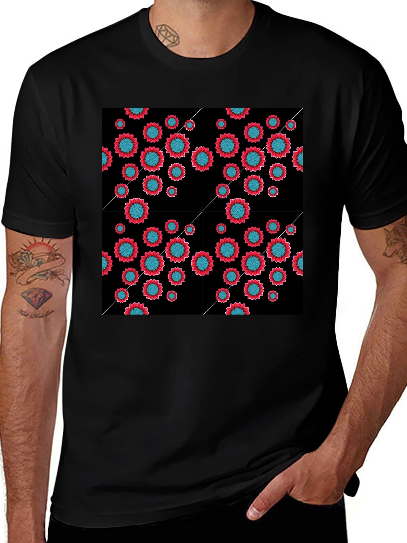 Floral Grid Black T-Shirt - Modern Geometric Style