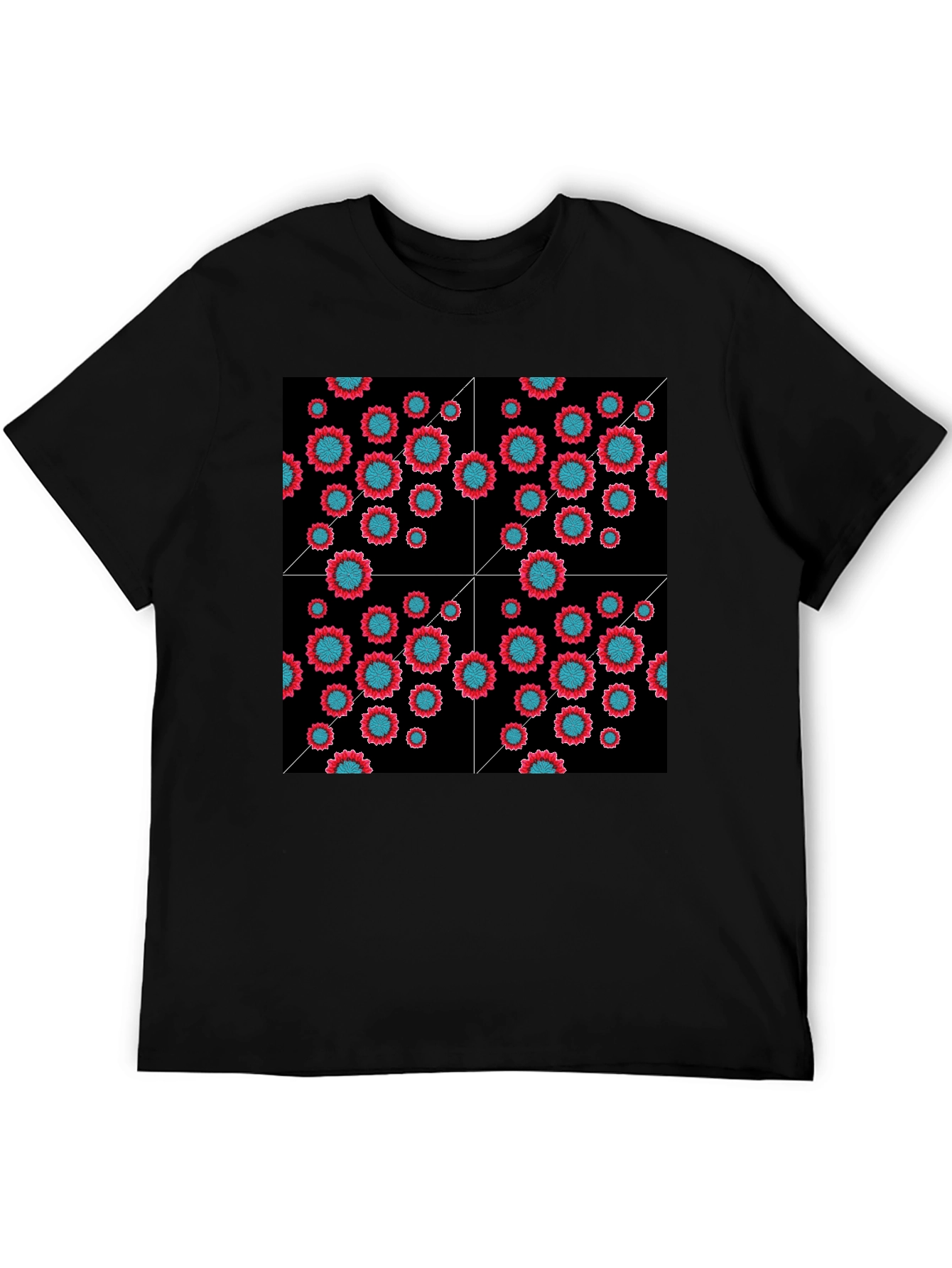 Floral Grid Black T-Shirt - Modern Geometric Style