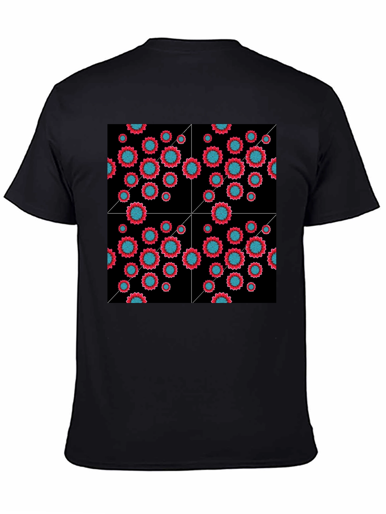 Floral Grid Black T-Shirt - Modern Geometric Style