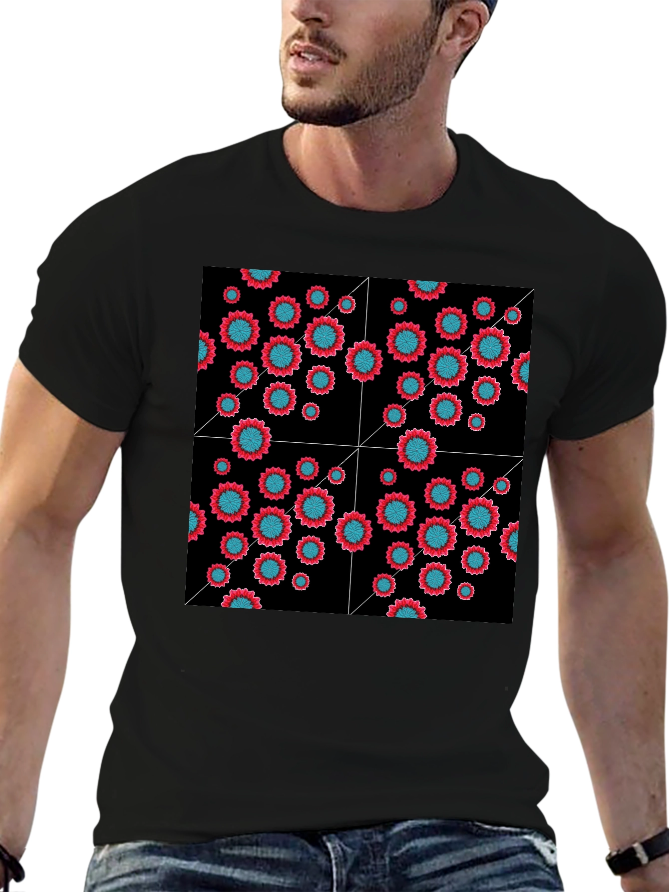 Floral Grid Black T-Shirt - Modern Geometric Style