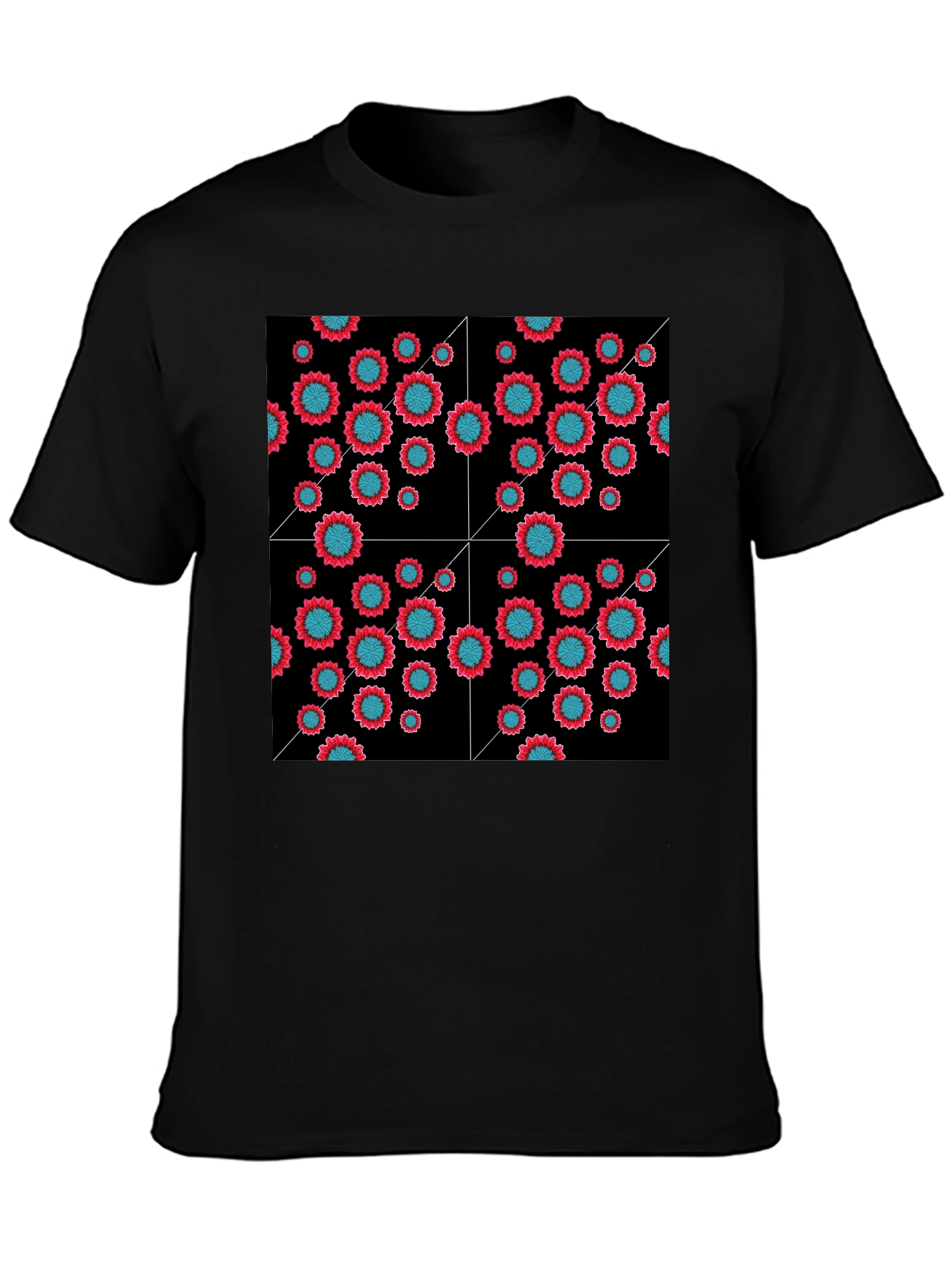 Floral Grid Black T-Shirt - Modern Geometric Style
