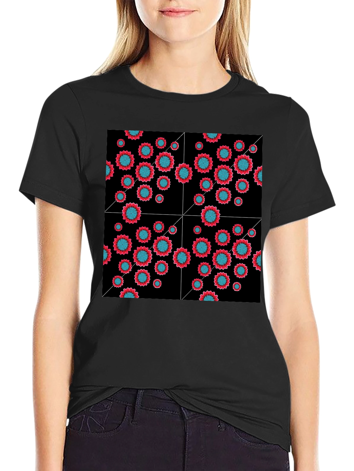 Floral Grid Black T-Shirt - Modern Geometric Style