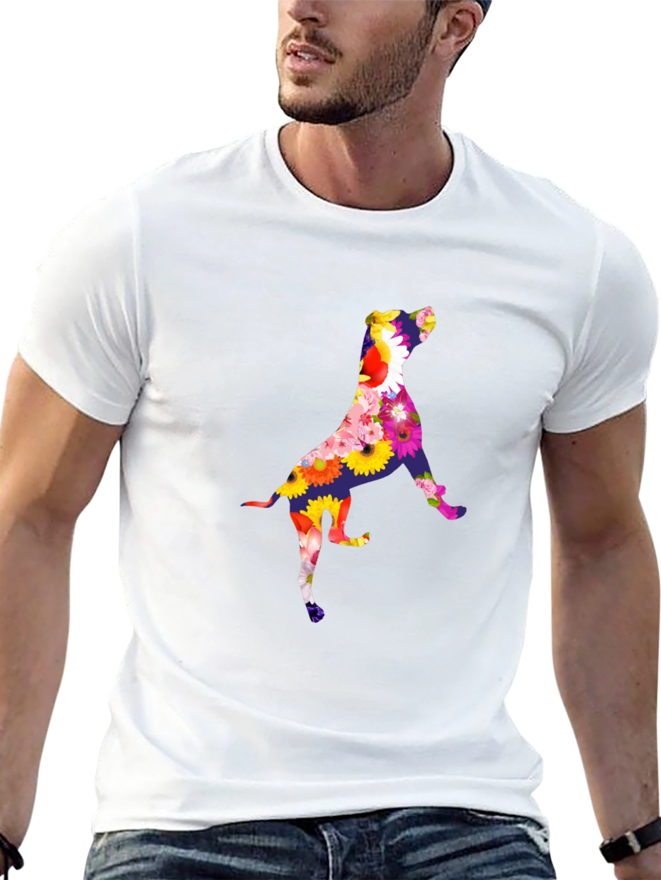 Floral Dog Graphic Tee - Black Cotton T-Shirt