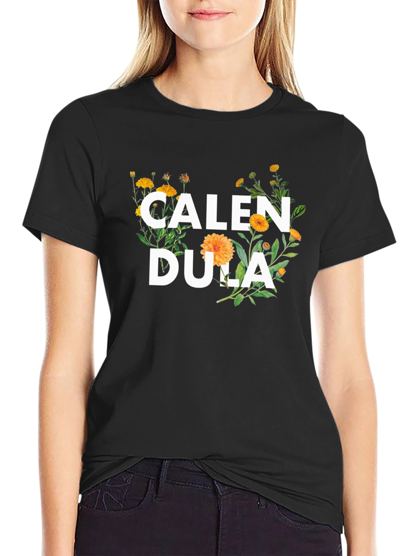 Calendula Floral Graphic Black T-Shirt