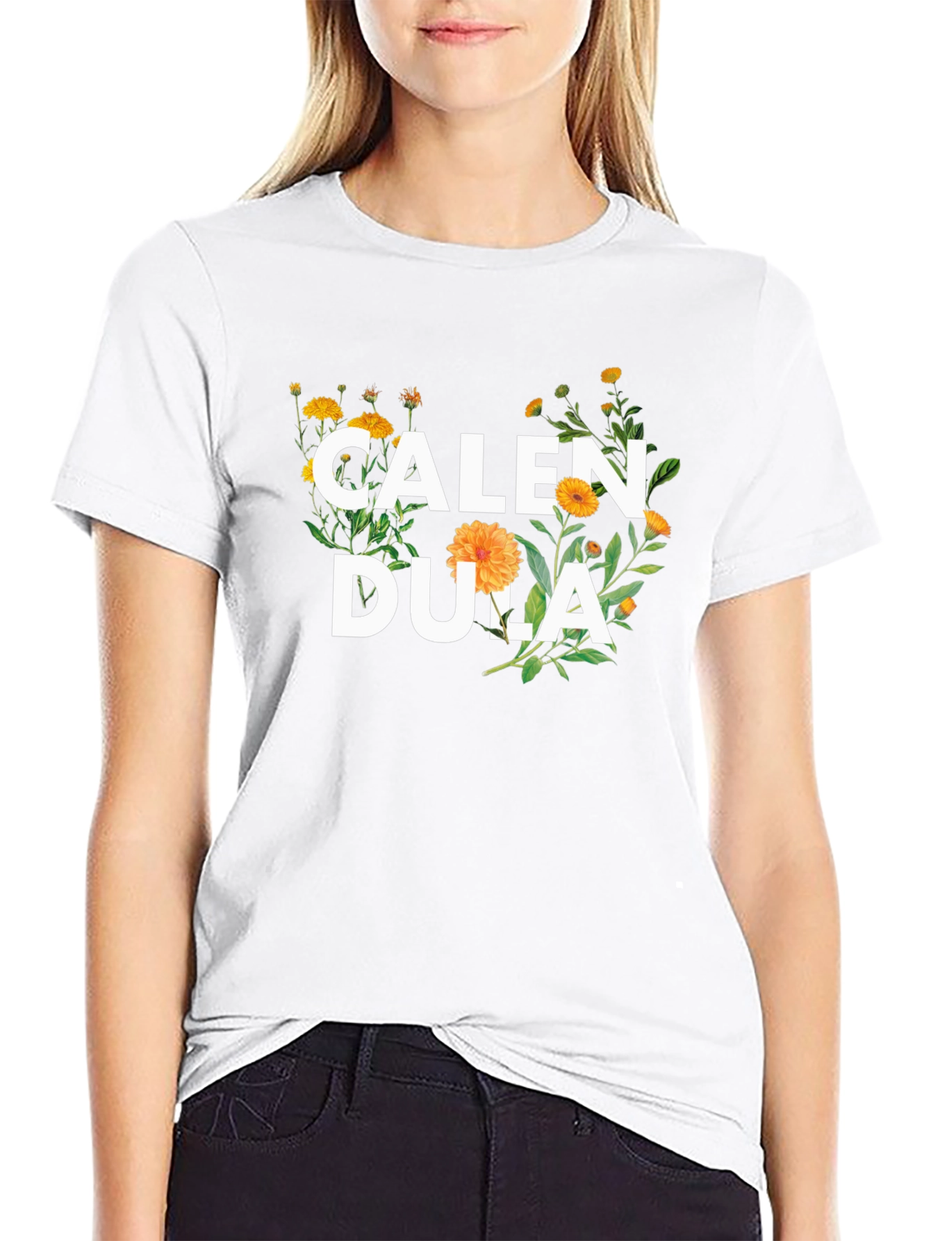 Calendula Floral Graphic Black T-Shirt