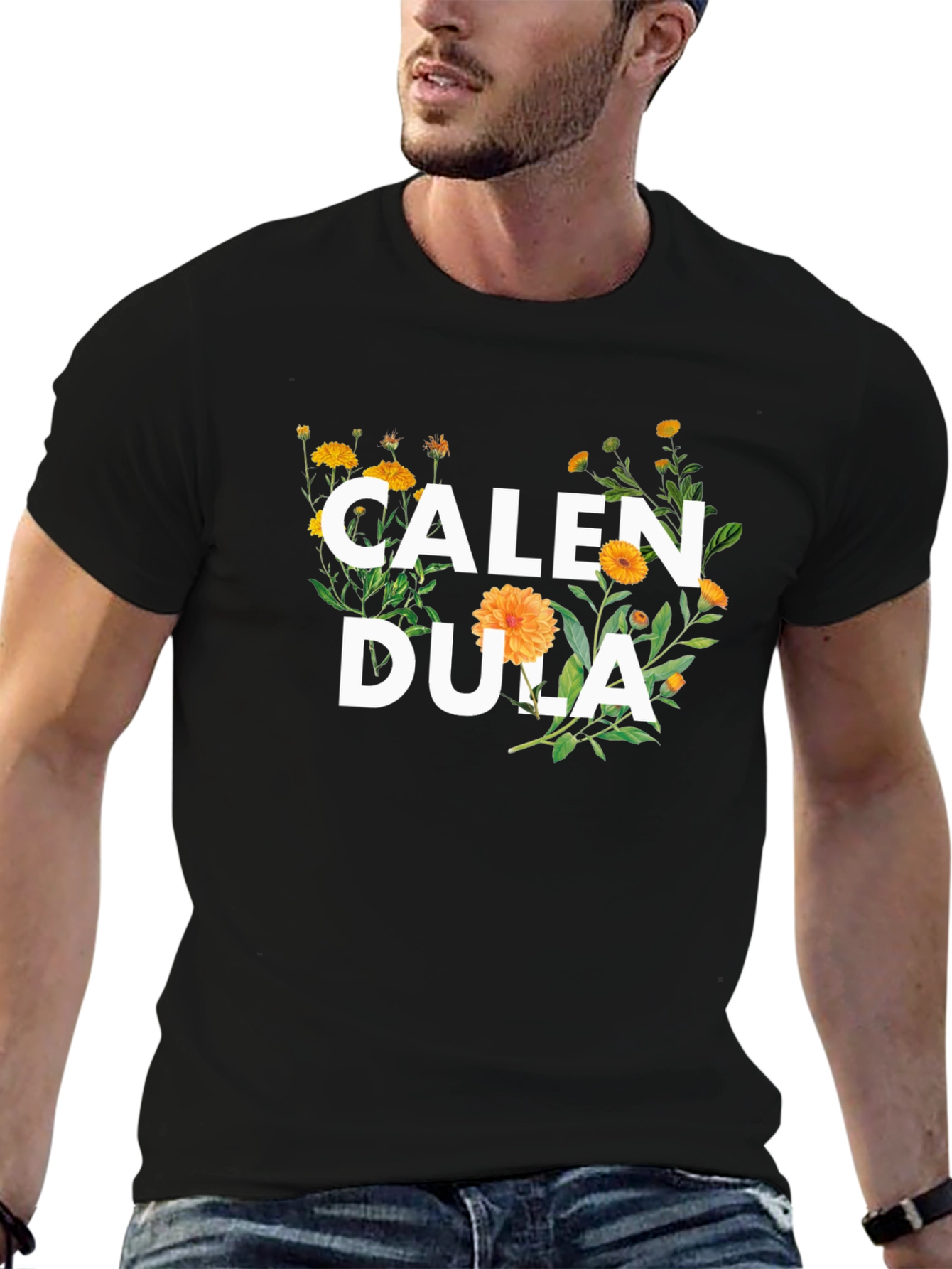 Calendula Floral Graphic Black T-Shirt