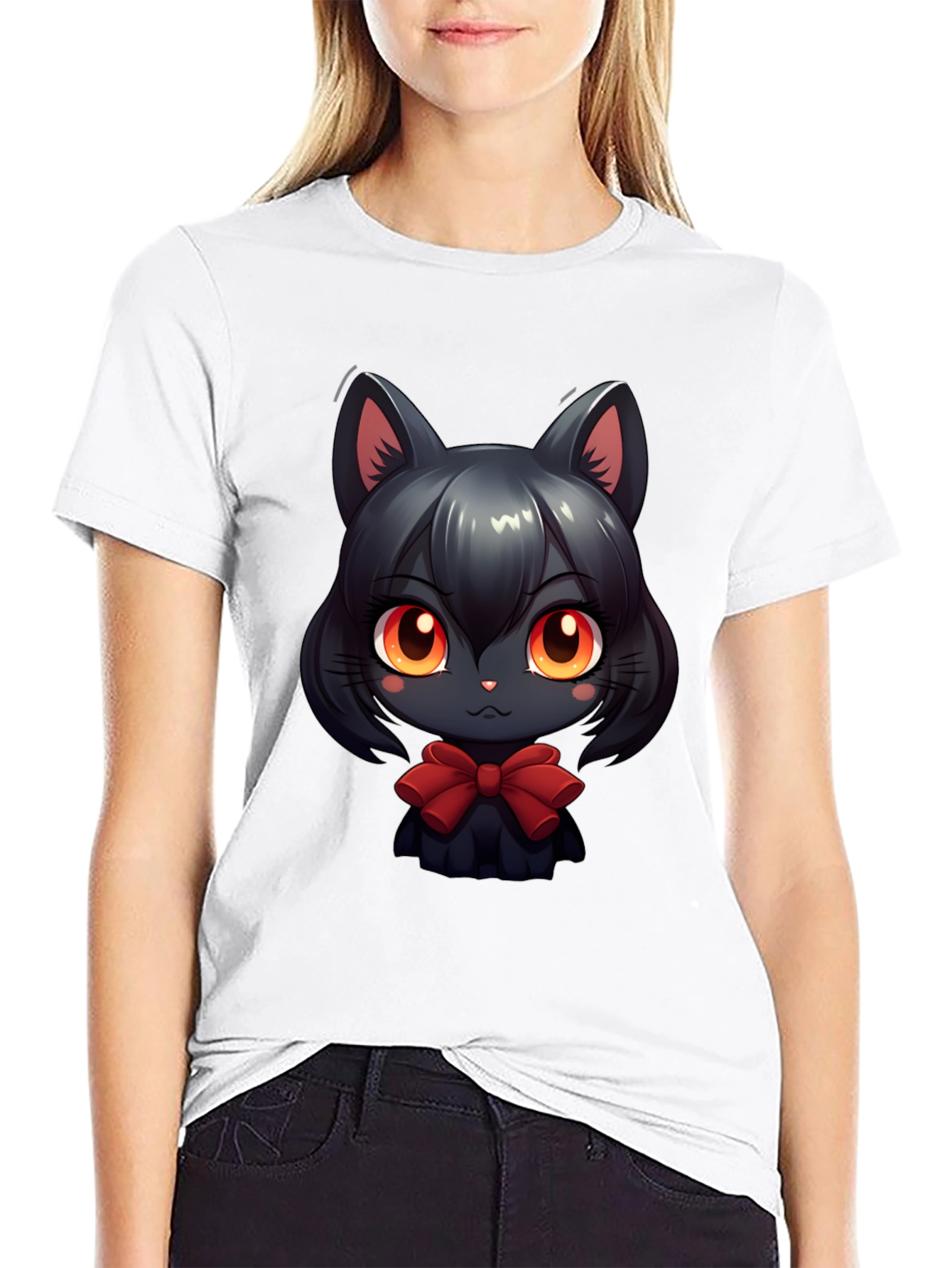 Cute Anime Cat T-Shirt - Soft Black Cotton Tee