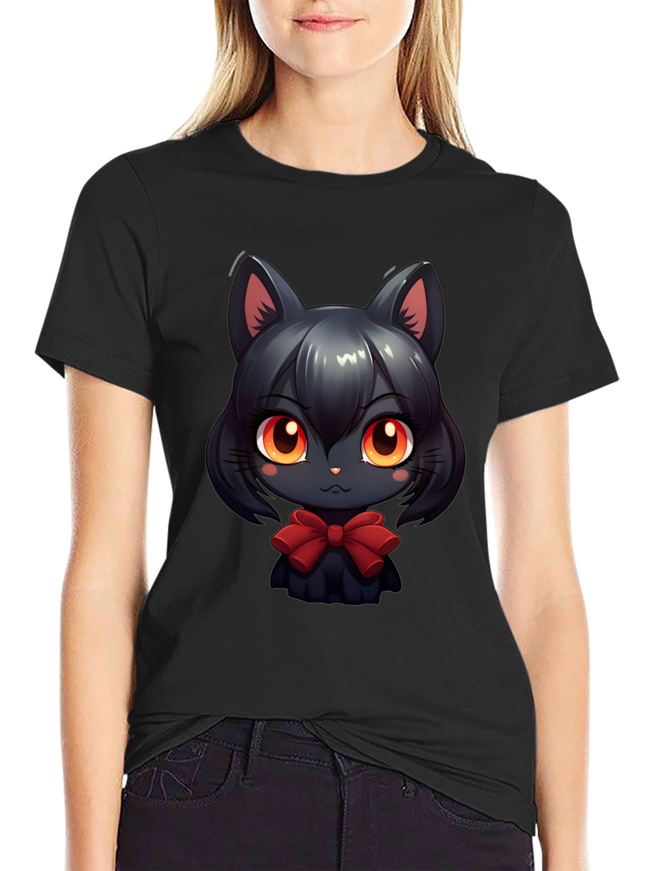 Cute Anime Cat T-Shirt - Soft Black Cotton Tee