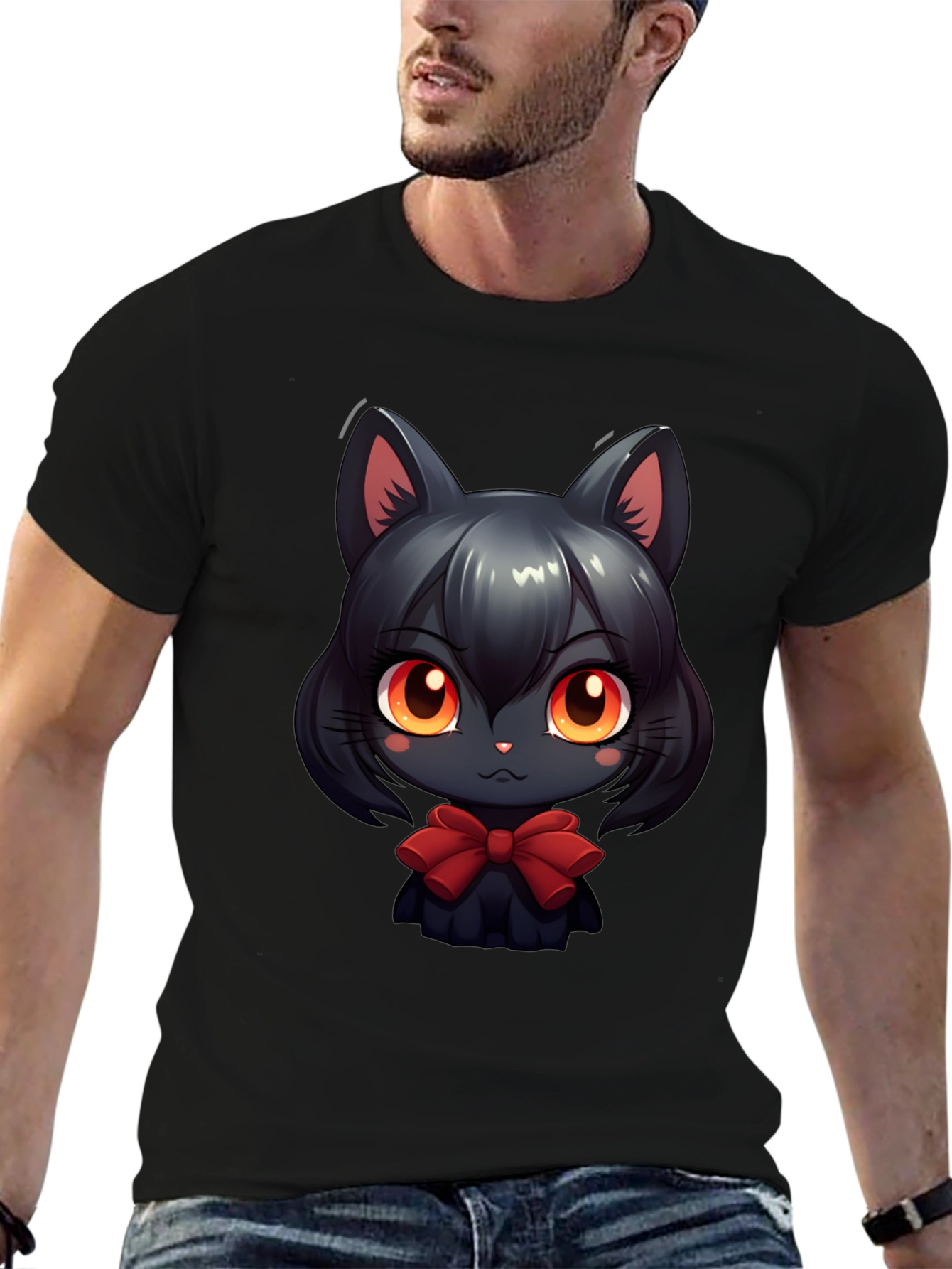 Cute Anime Cat T-Shirt - Soft Black Cotton Tee