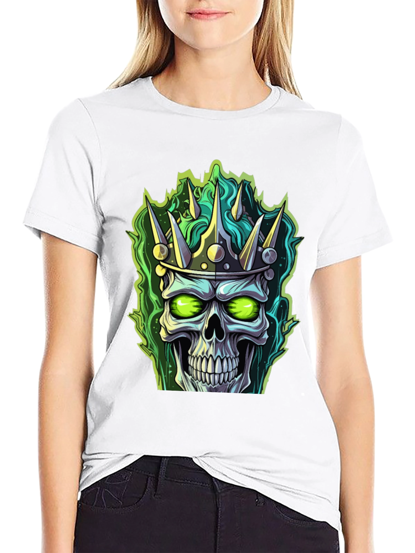 Skull King T-Shirt - Green Flame Design