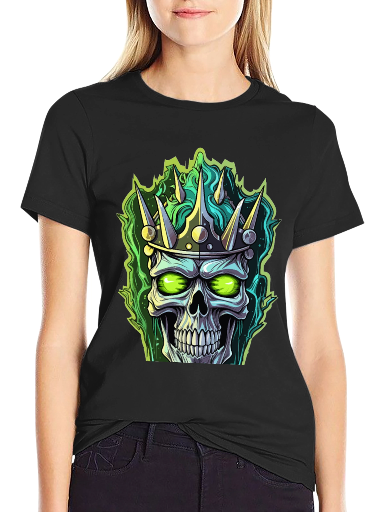 Skull King T-Shirt - Green Flame Design