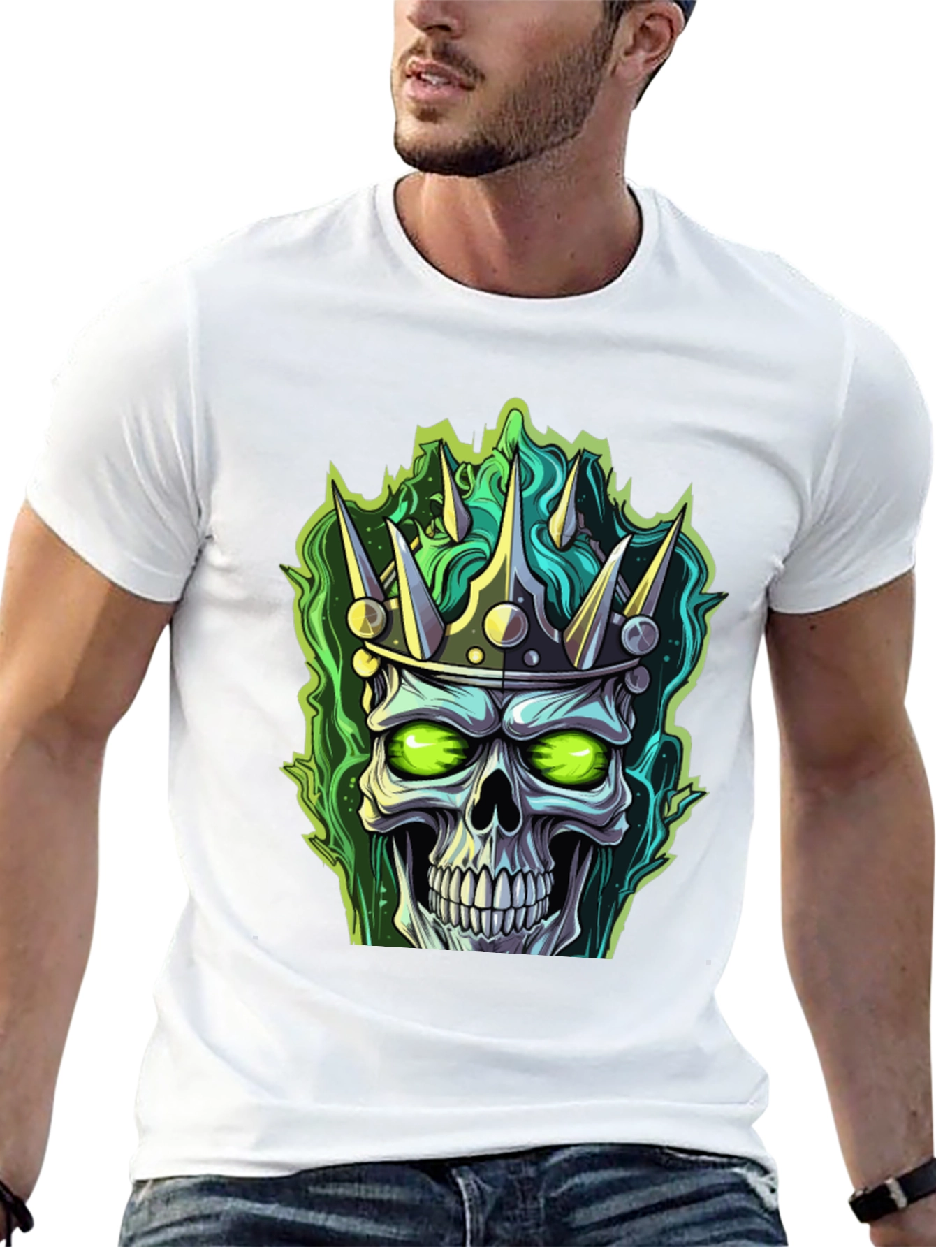 Skull King T-Shirt - Green Flame Design