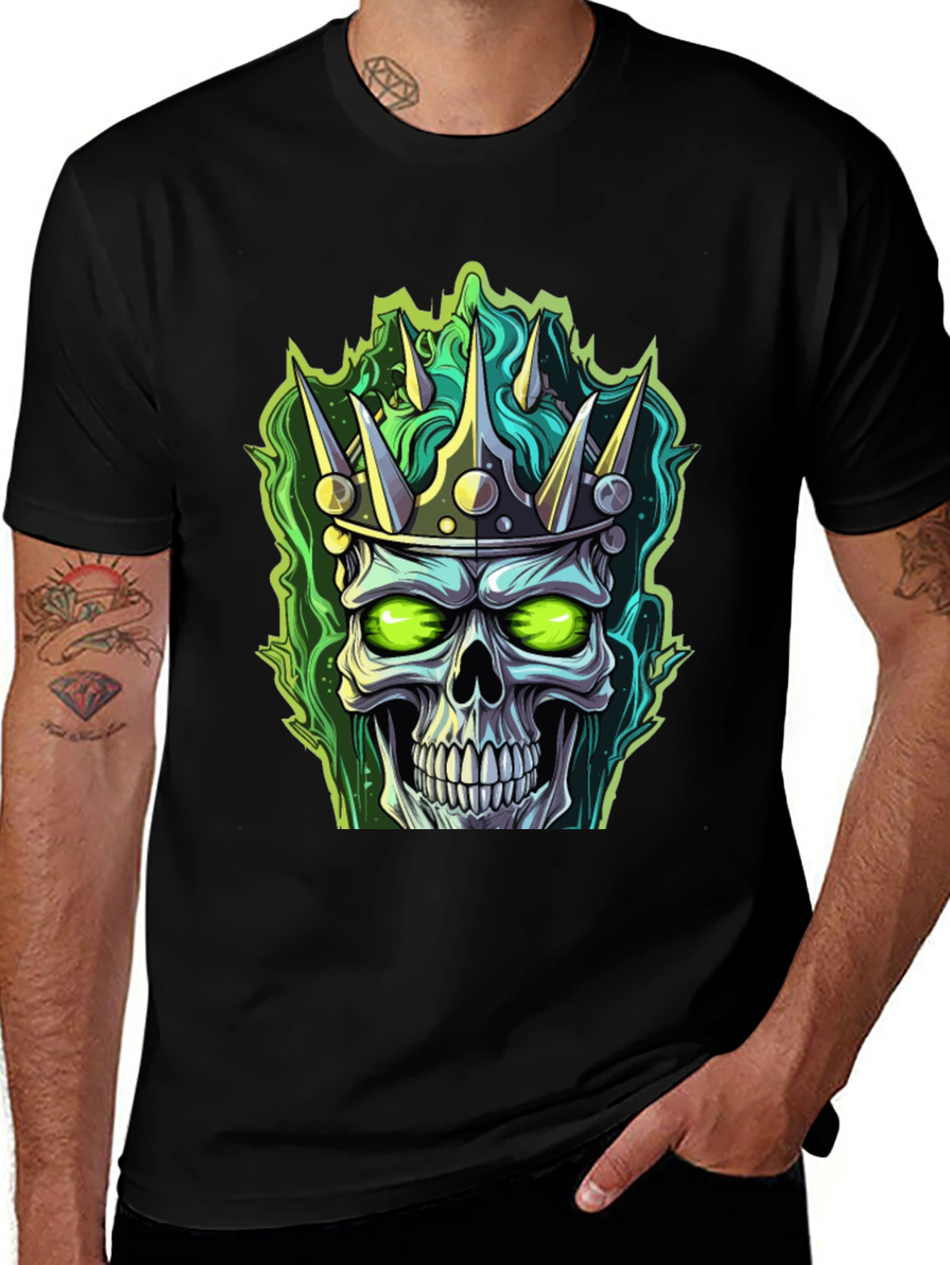 Skull King T-Shirt - Green Flame Design