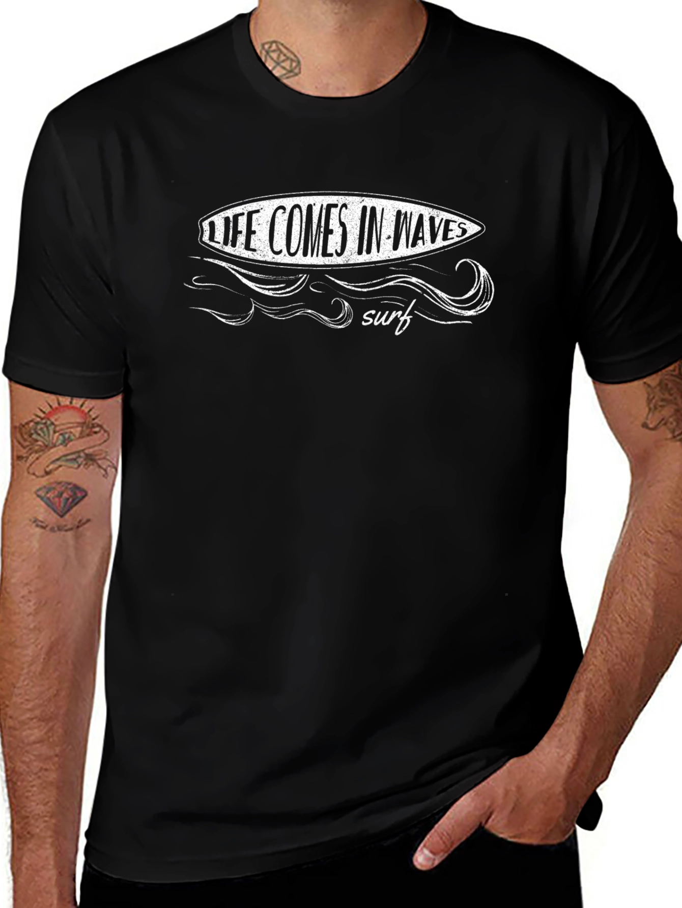 Life Comes in Waves Surf Graphic Black T-Shirt