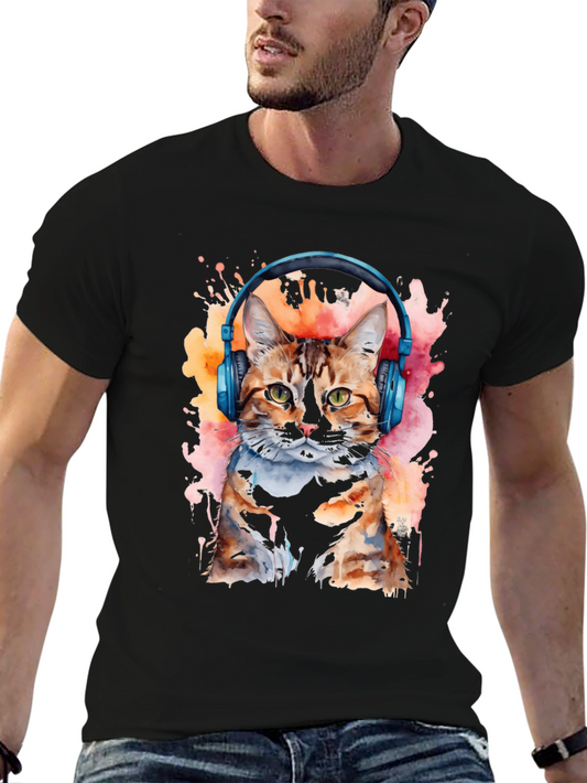 Cat DJ Graphic Tee - Watercolor Design