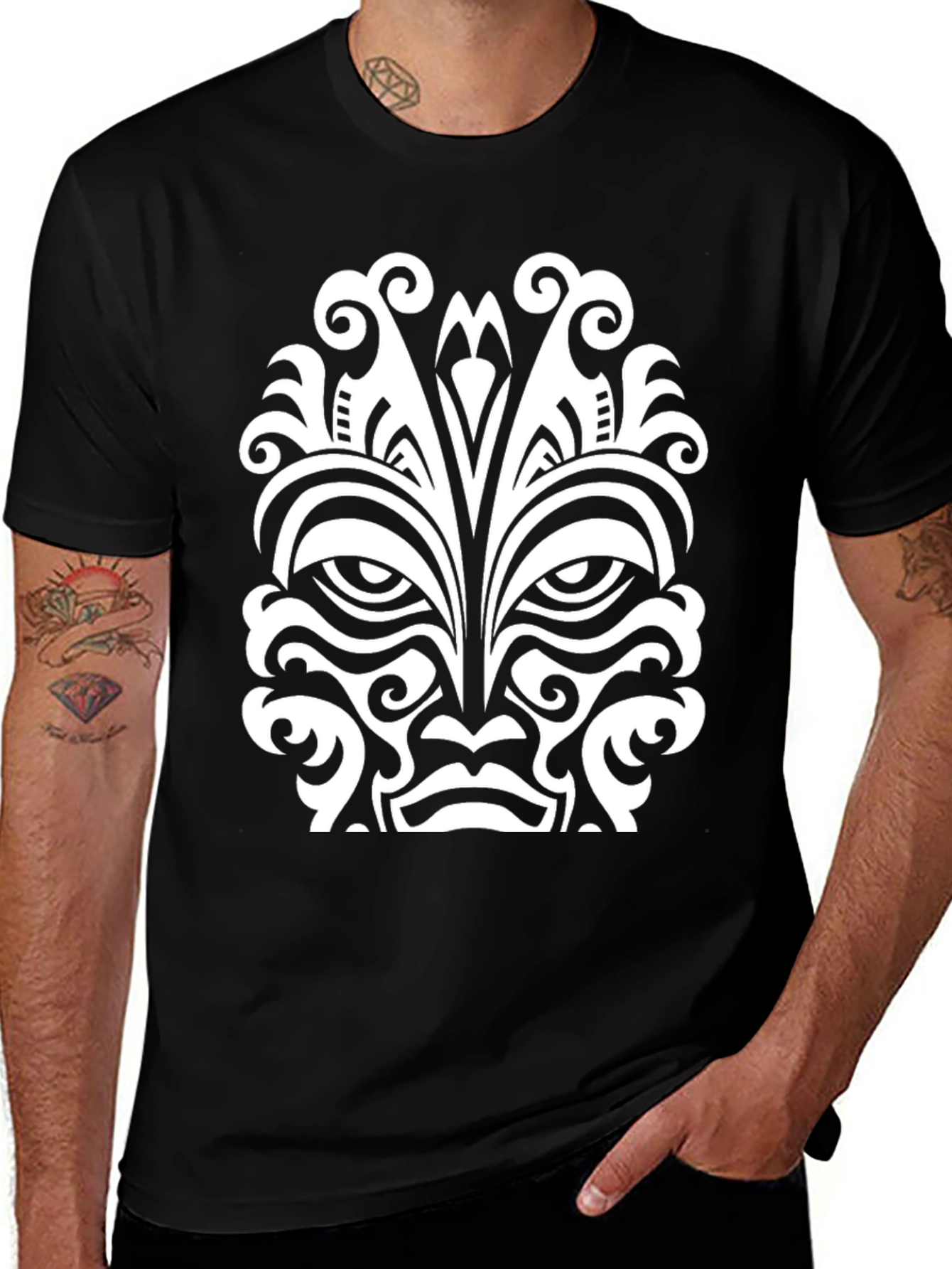 Tribal Mask Graphic Tee - Black Cotton Comfort