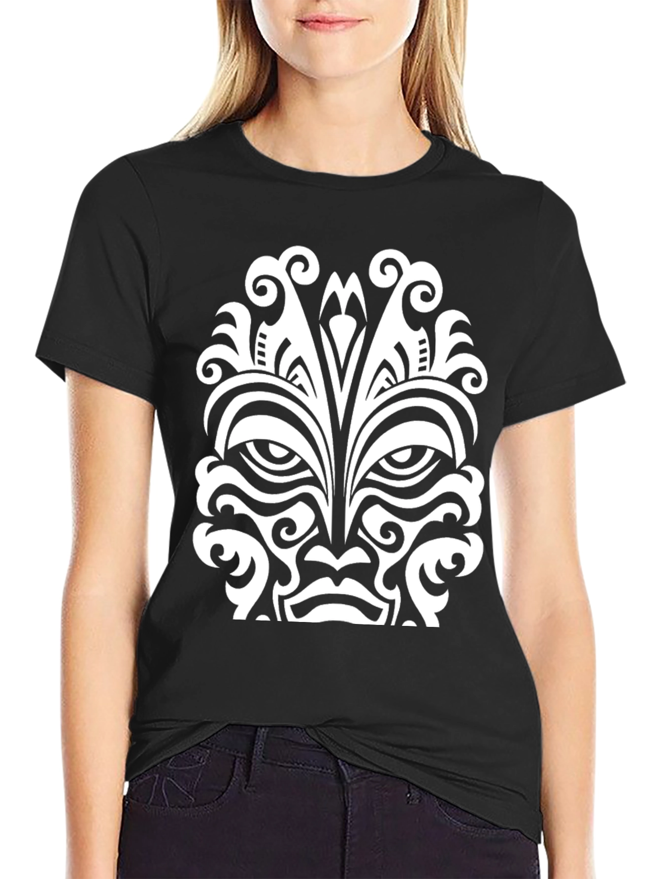 Tribal Mask Graphic Tee - Black Cotton Comfort