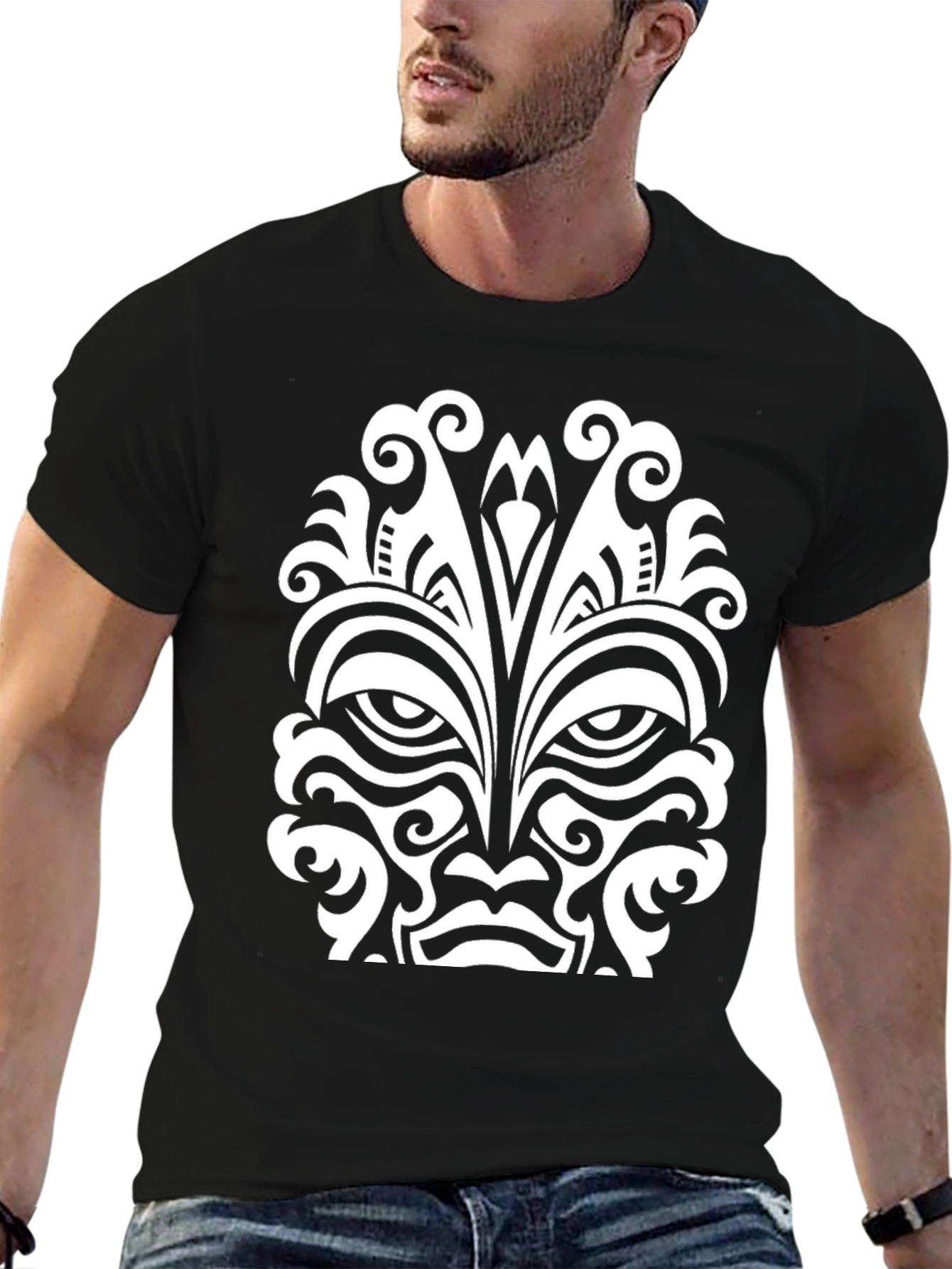 Tribal Mask Graphic Tee - Black Cotton Comfort