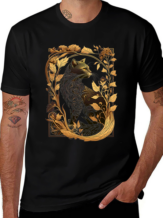 Elegant Cat & Floral Graphic Black T-Shirt