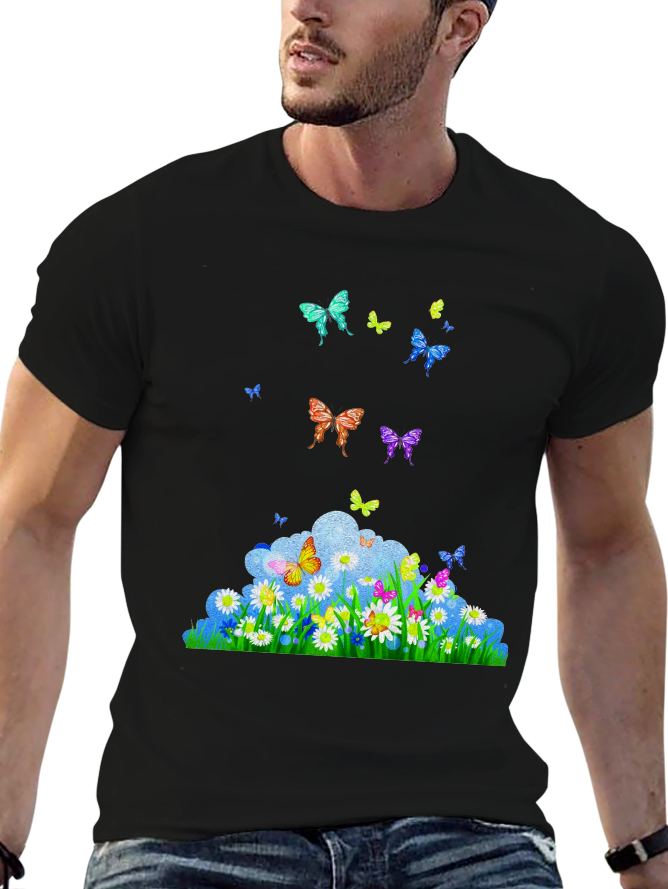 Butterfly Meadow Graphic Black T-Shirt