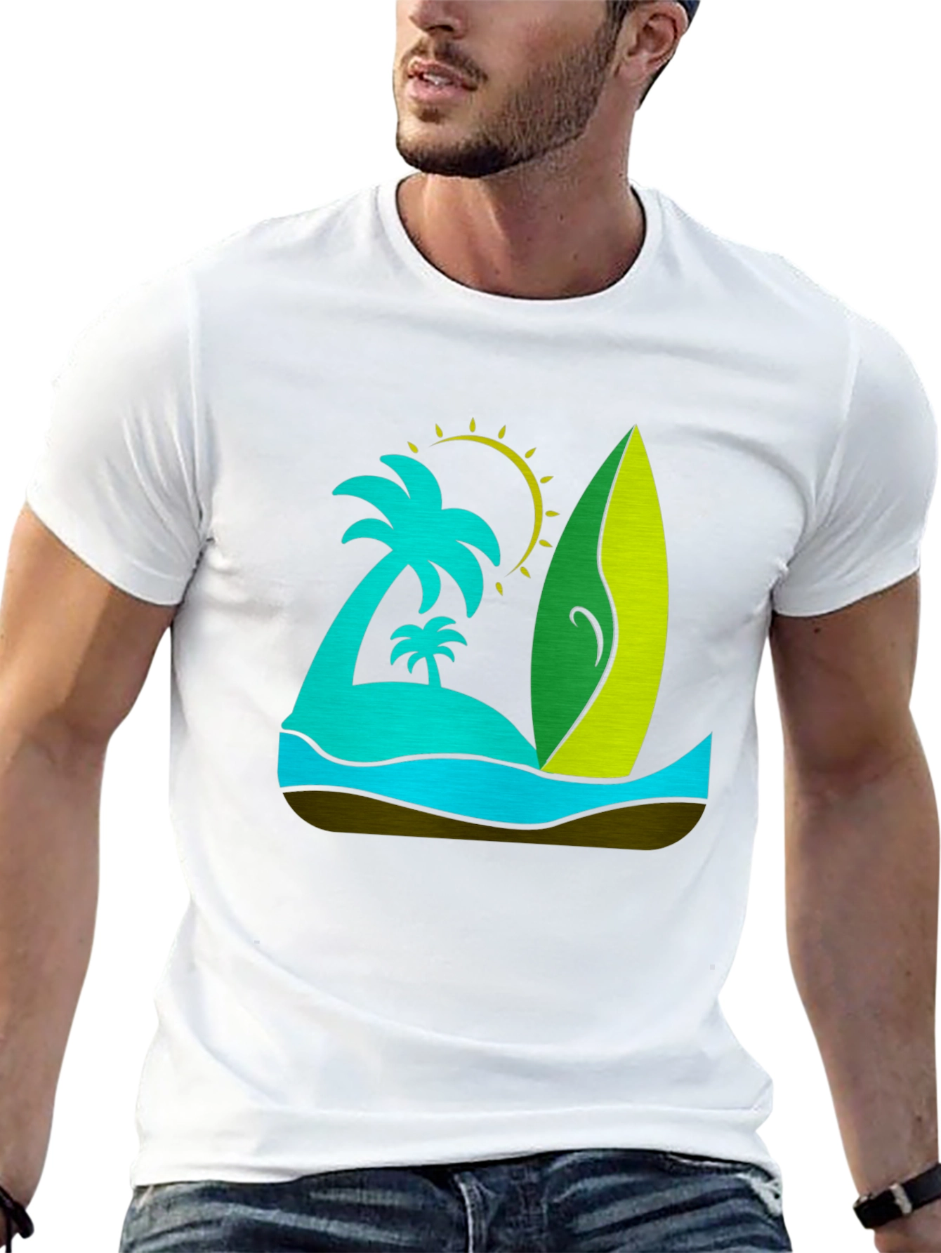 Tropical Surfboard T-Shirt: Beach Island Design