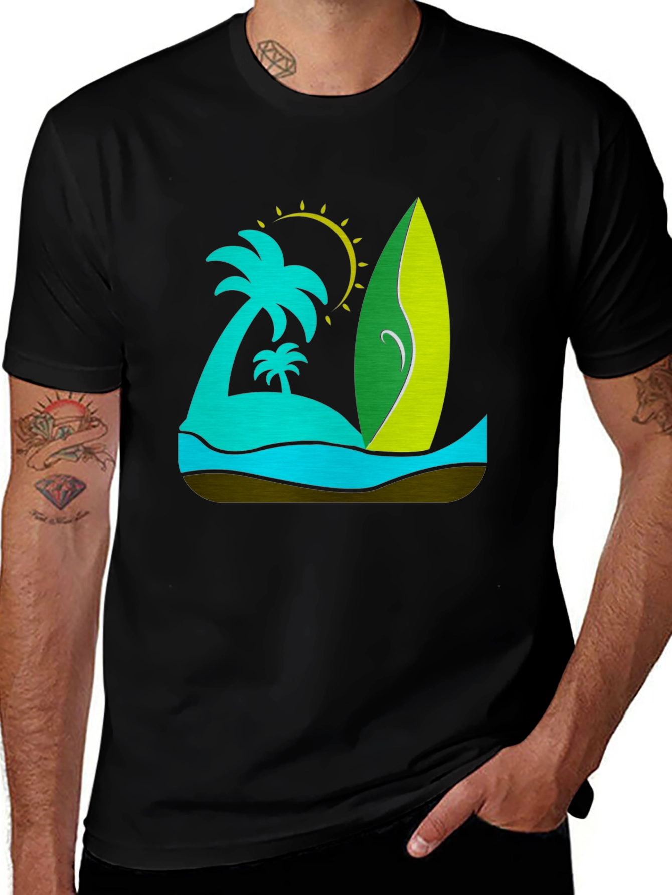 Tropical Surfboard T-Shirt: Beach Island Design