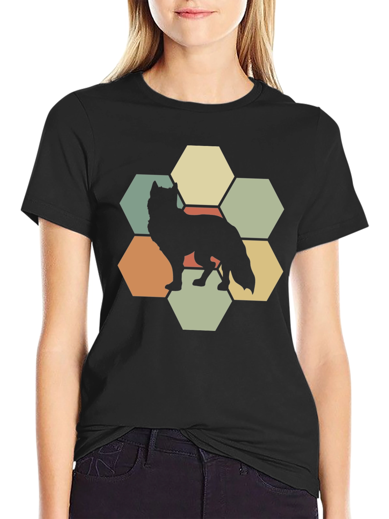 Wolf Hexagon Graphic Tee - Retro Style Animal Shirt