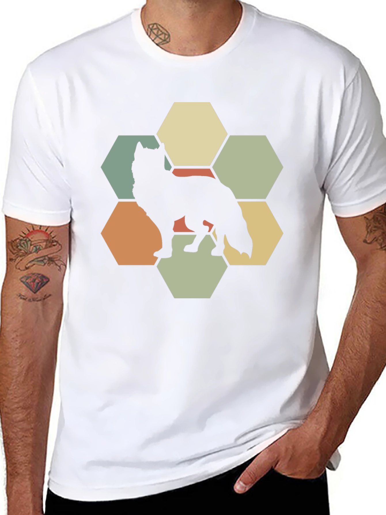Wolf Hexagon Graphic Tee - Retro Style Animal Shirt