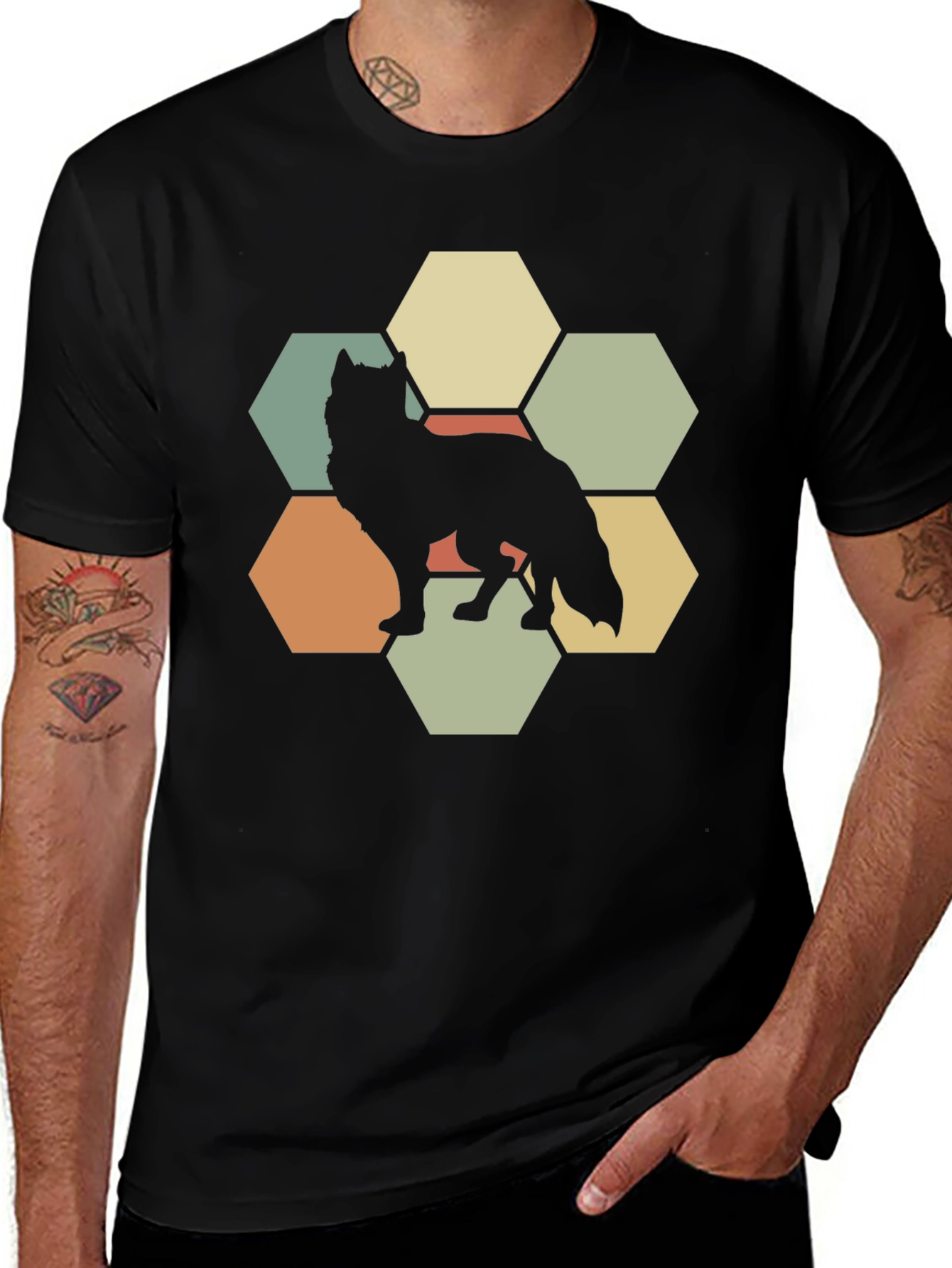 Wolf Hexagon Graphic Tee - Retro Style Animal Shirt