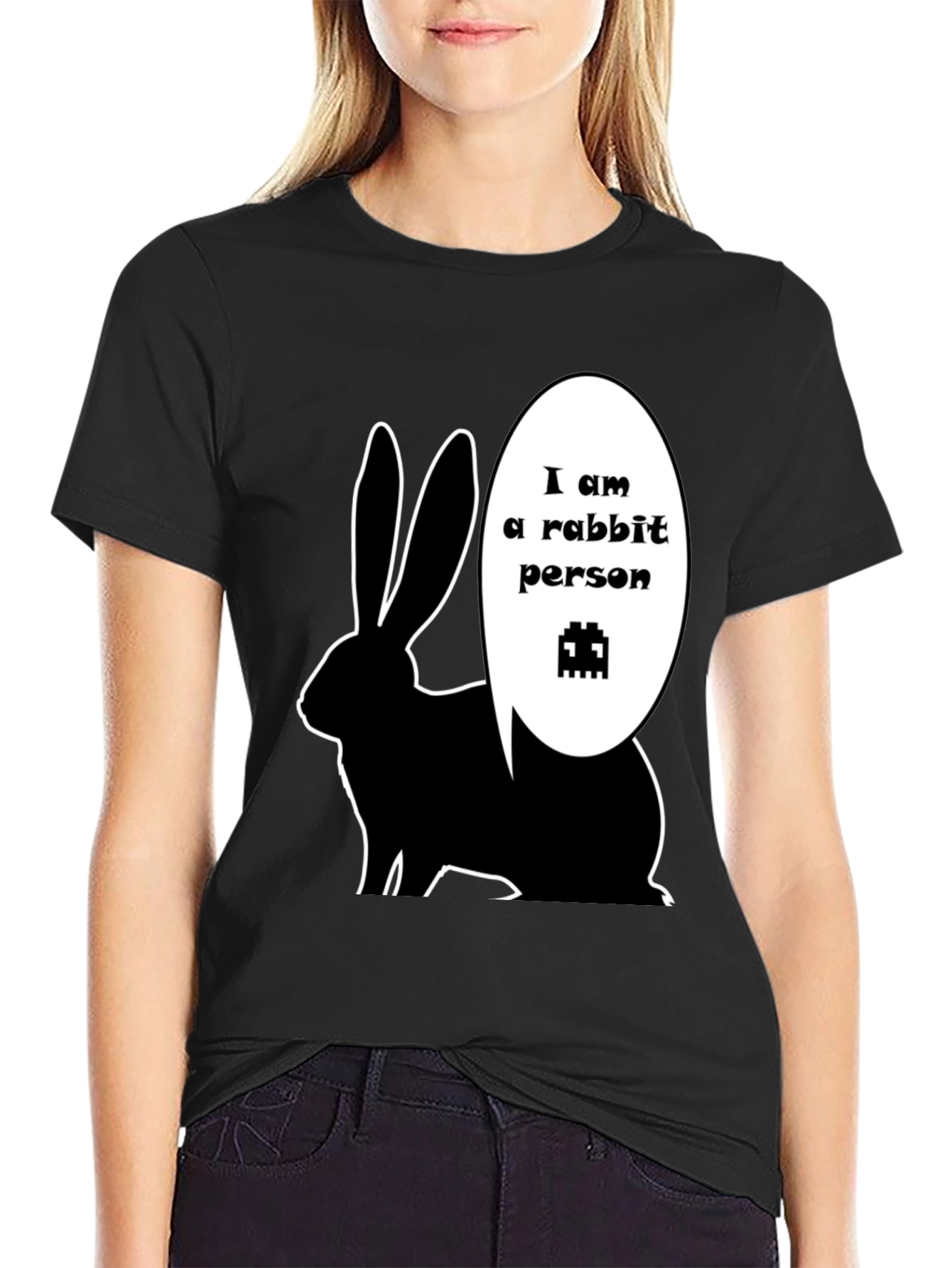 Rabbit Person Graphic T-Shirt - Black Crew Neck Tee