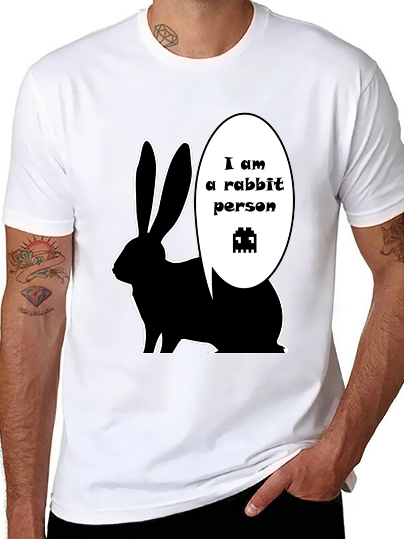 Rabbit Person Graphic T-Shirt - Black Crew Neck Tee