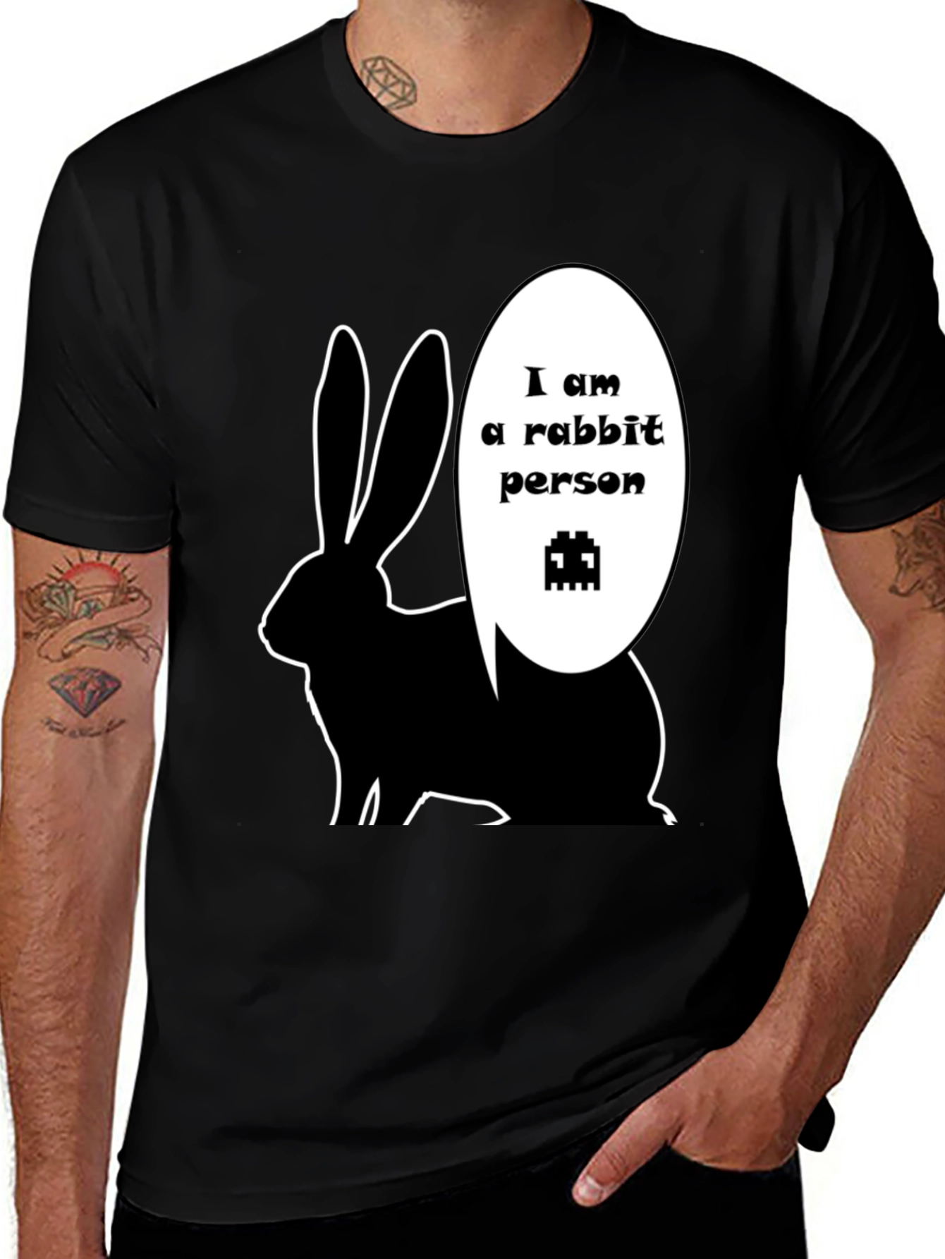Rabbit Person Graphic T-Shirt - Black Crew Neck Tee