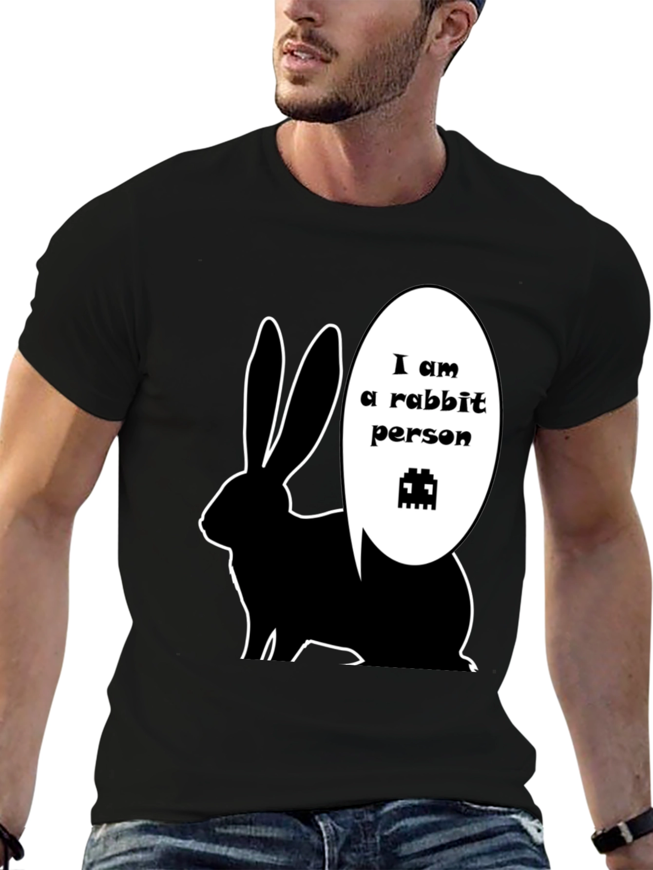 Rabbit Person Graphic T-Shirt - Black Crew Neck Tee