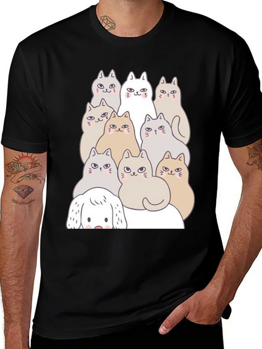Cute Cartoon Cats & Dog Black T-Shirt