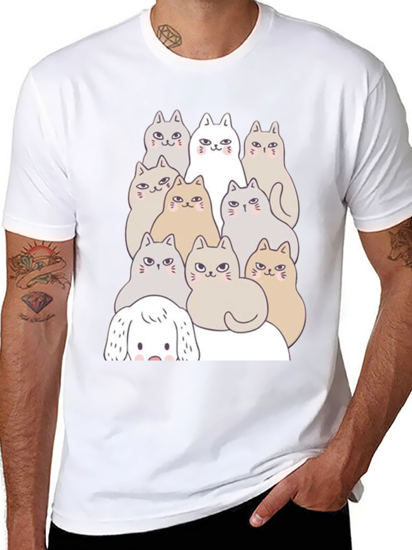 Cute Cartoon Cats & Dog Black T-Shirt
