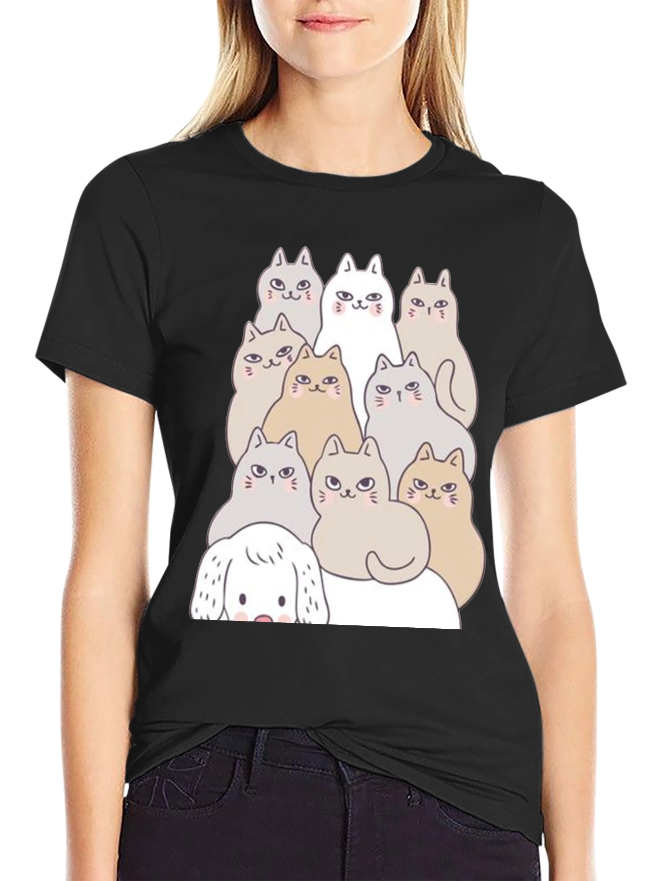 Cute Cartoon Cats & Dog Black T-Shirt