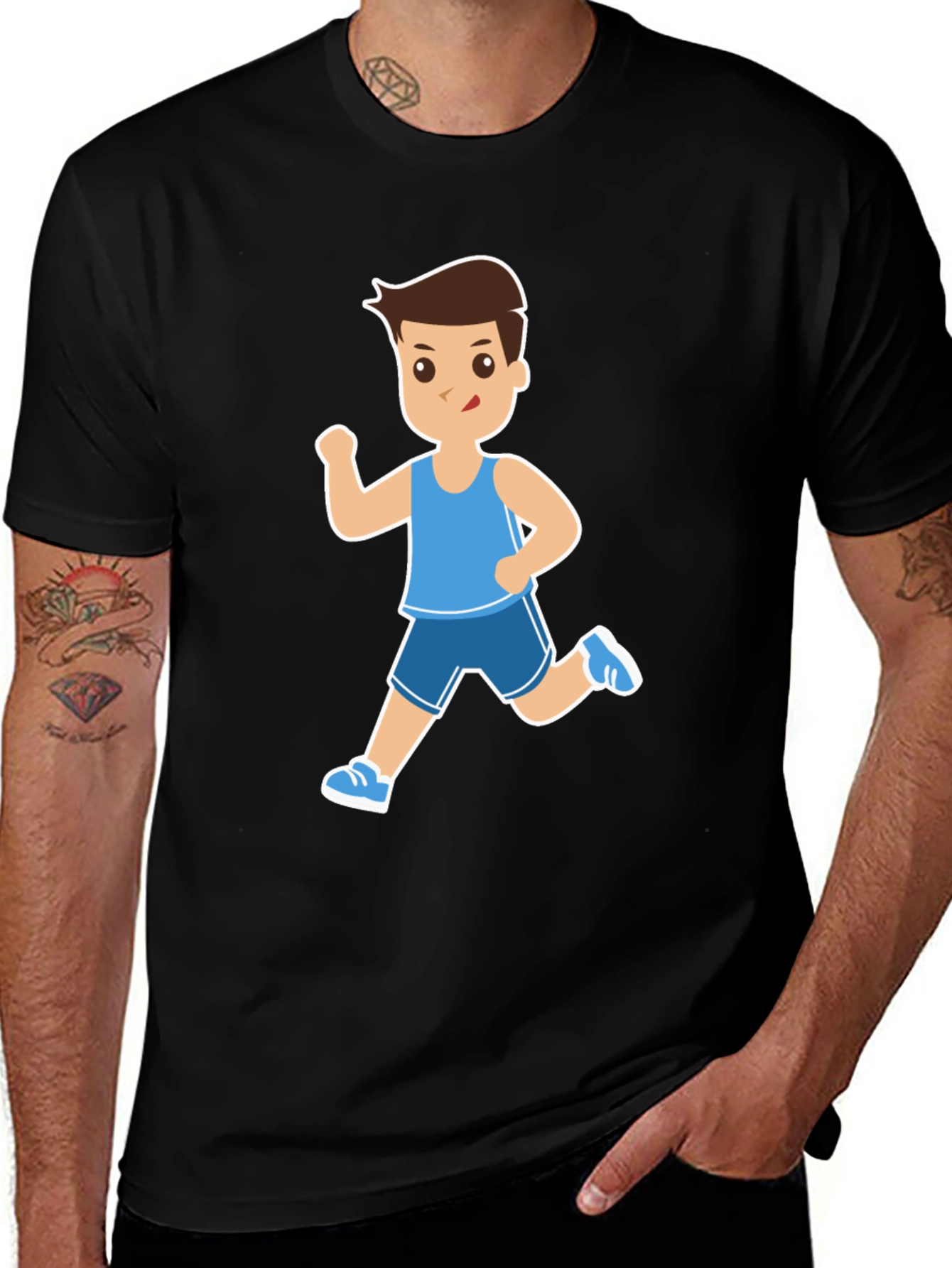 Running Cartoon Character Print Black Tee