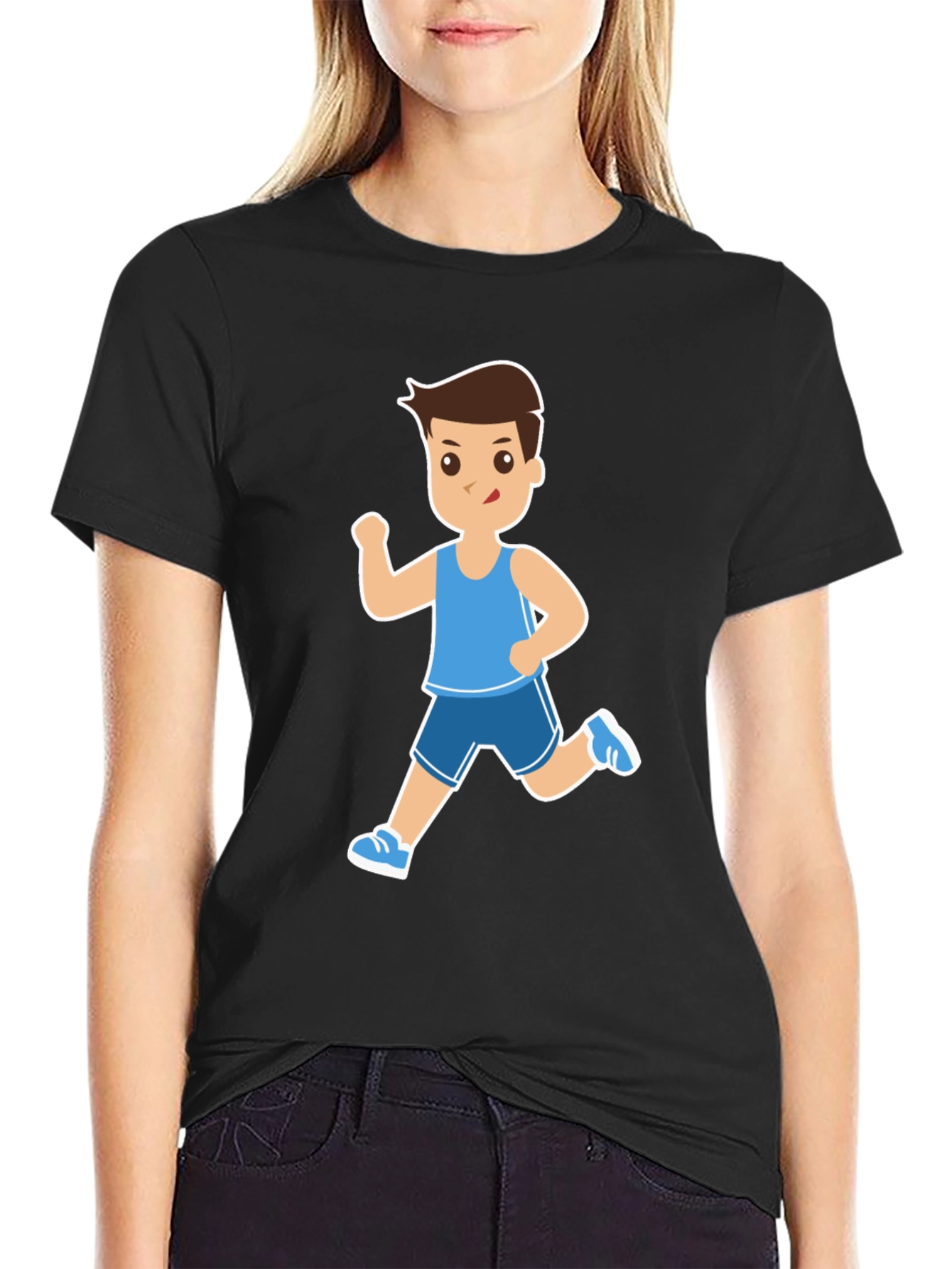 Running Cartoon Character Print Black Tee