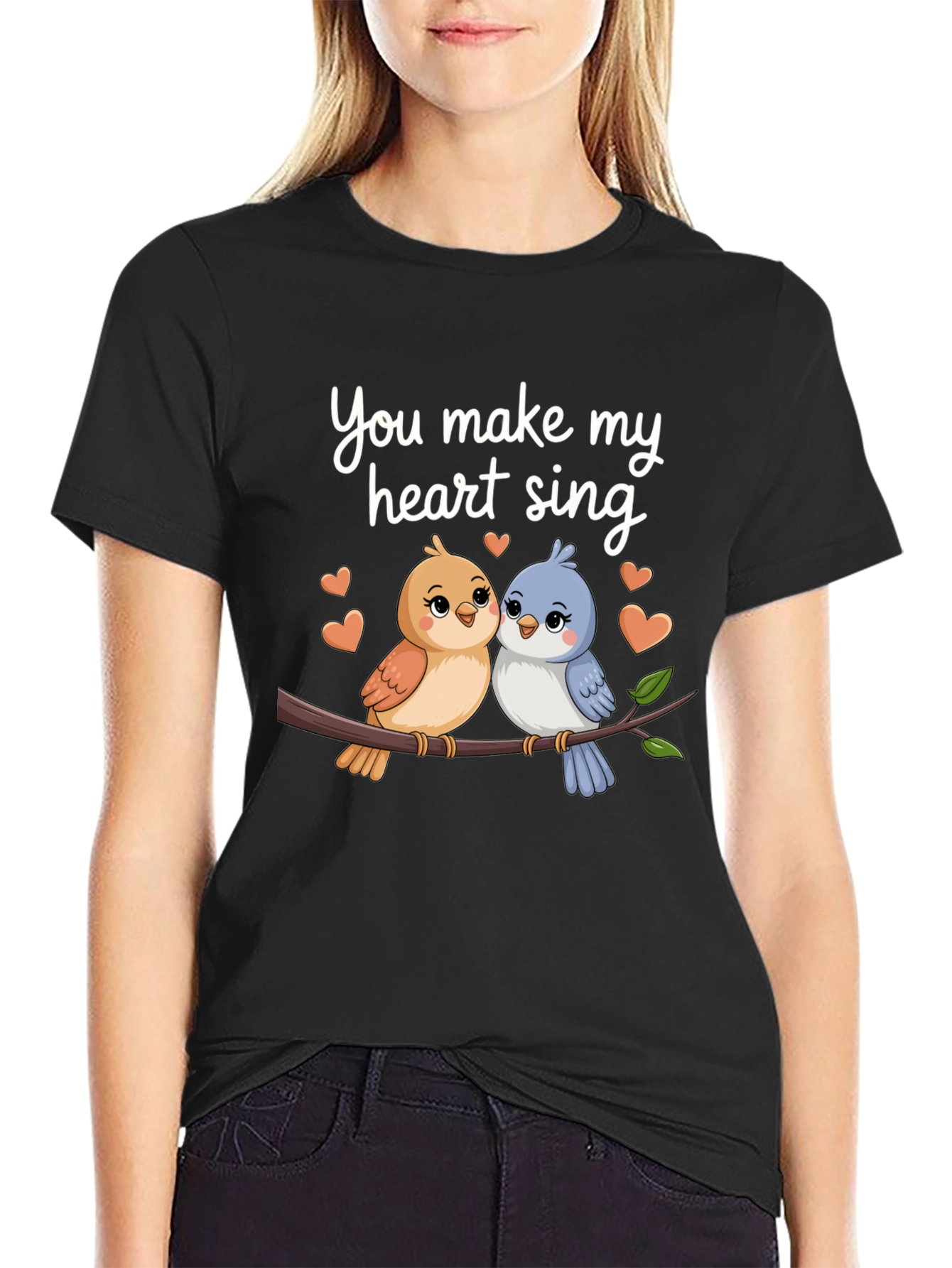 Cute Birds Heart Sing Black T-Shirt