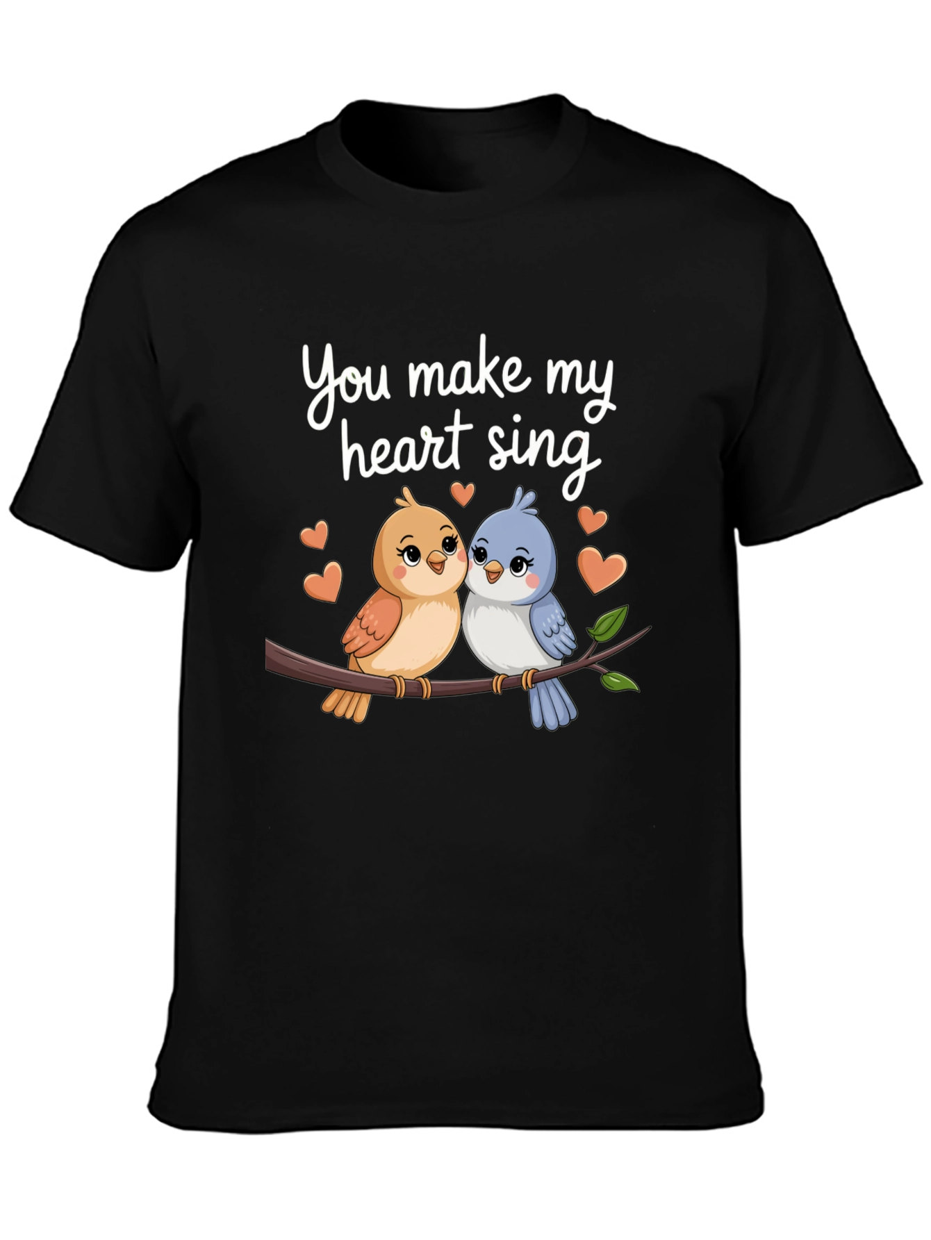 Cute Birds Heart Sing Black T-Shirt