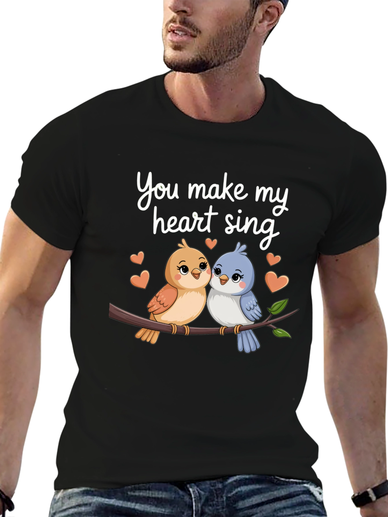 Cute Birds Heart Sing Black T-Shirt