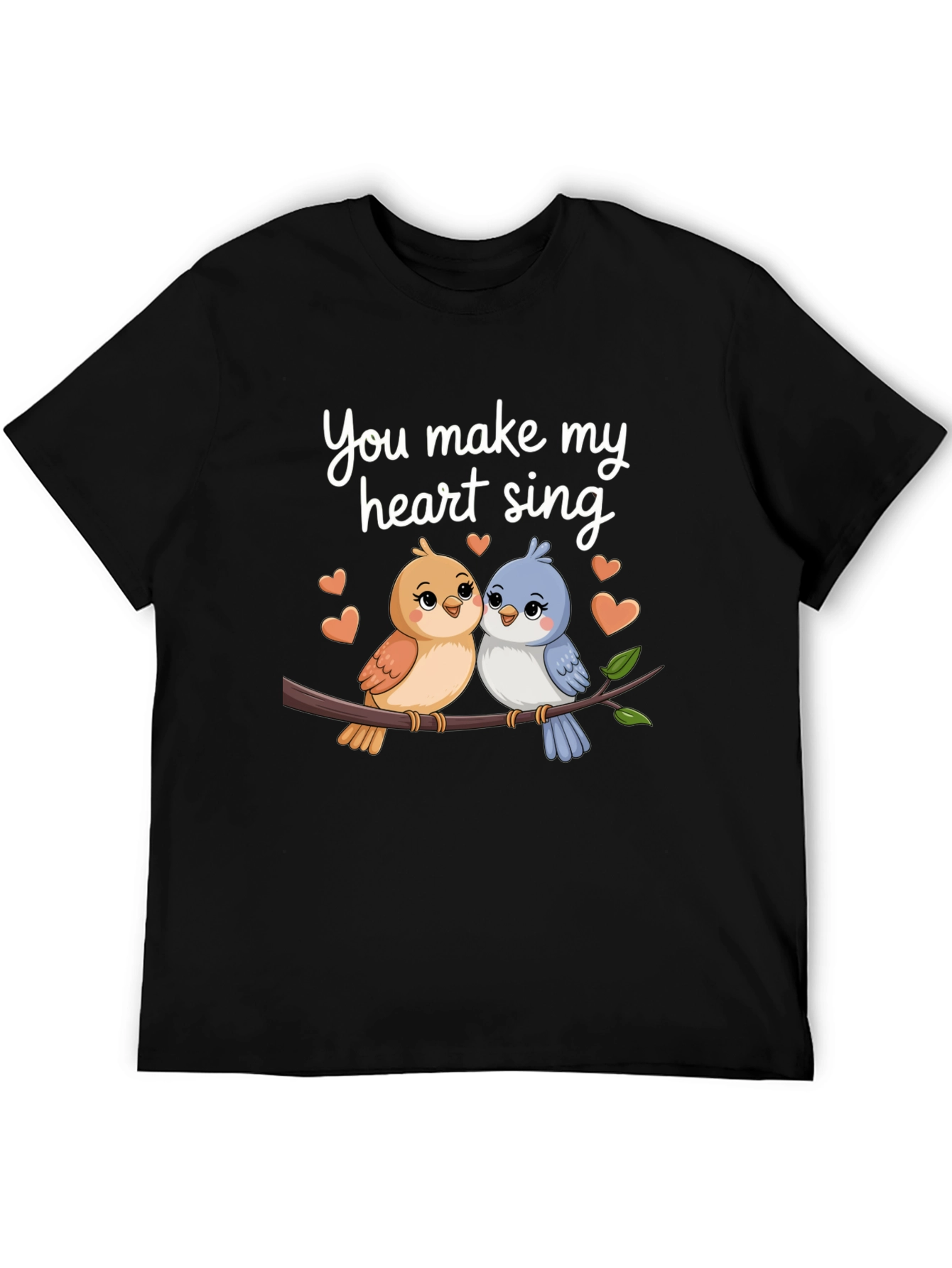 Cute Birds Heart Sing Black T-Shirt