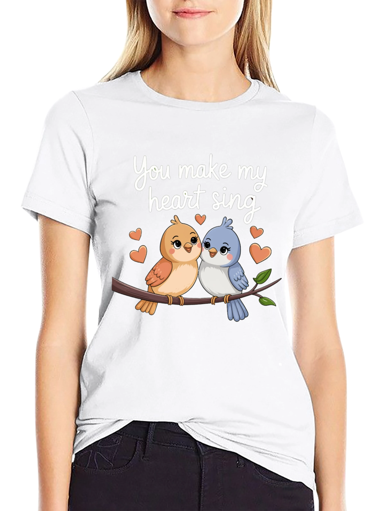 Cute Birds Heart Sing Black T-Shirt