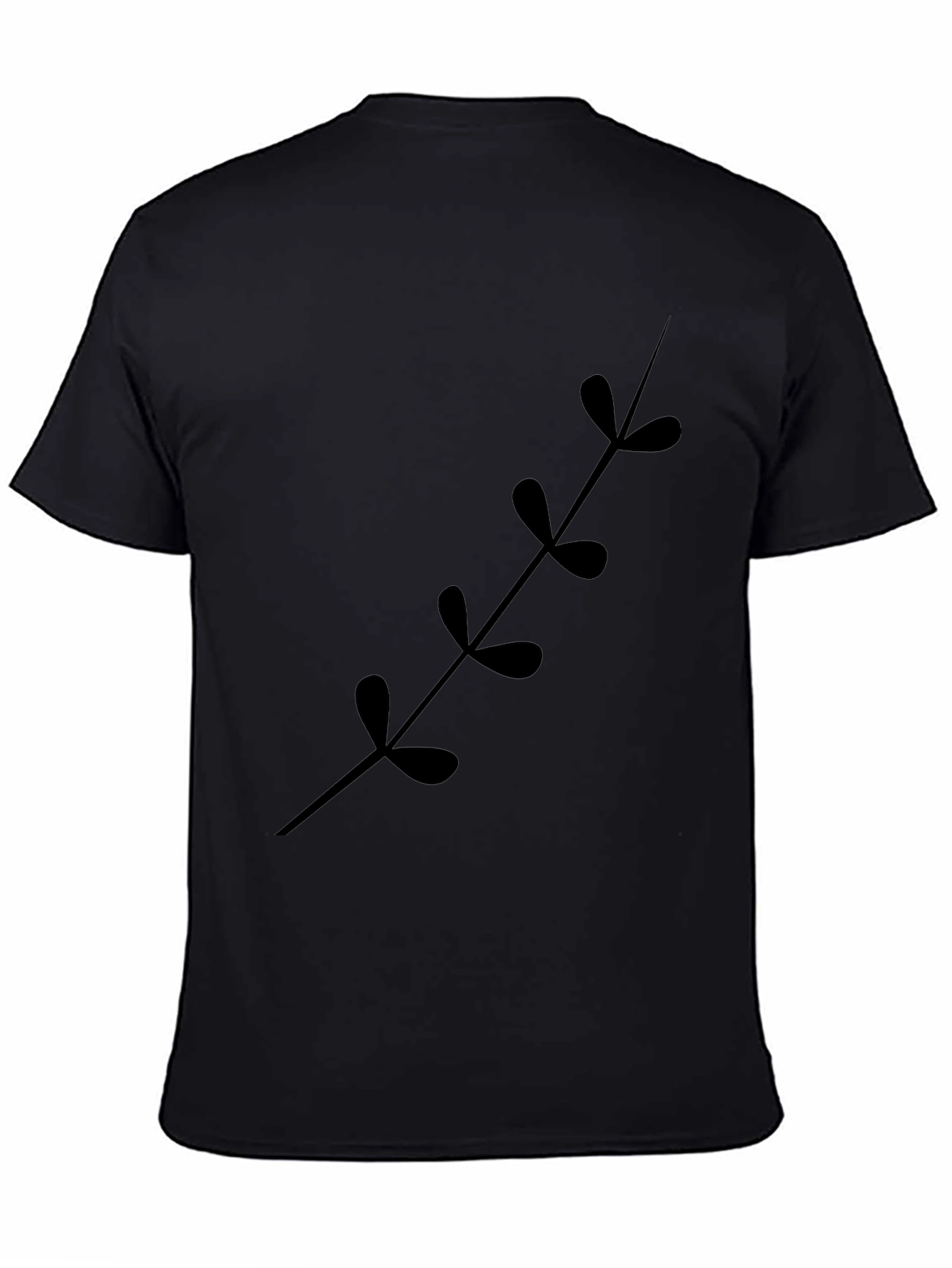 Black T-Shirt with Botanical Leaf Stem Print