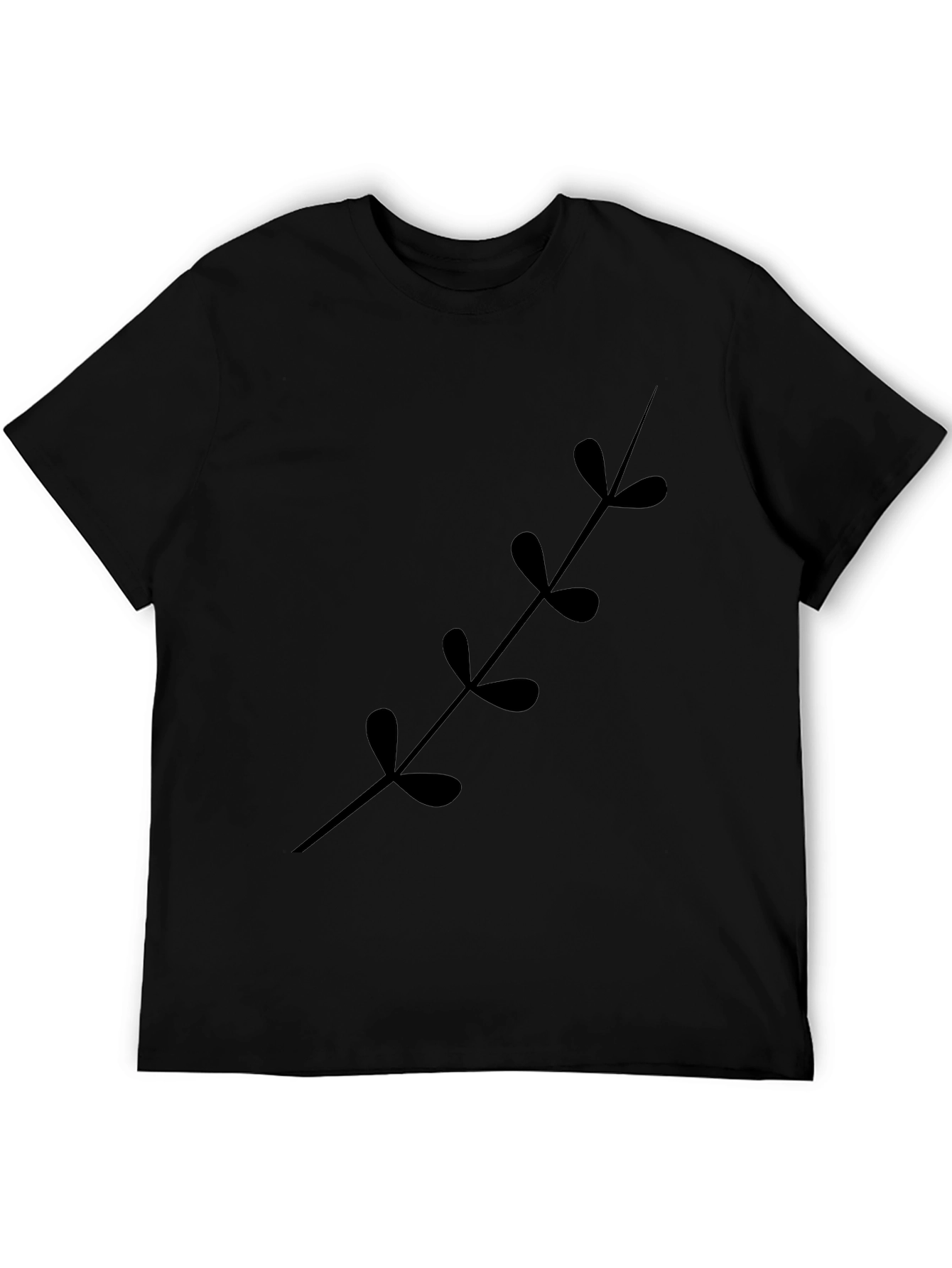 Black T-Shirt with Botanical Leaf Stem Print