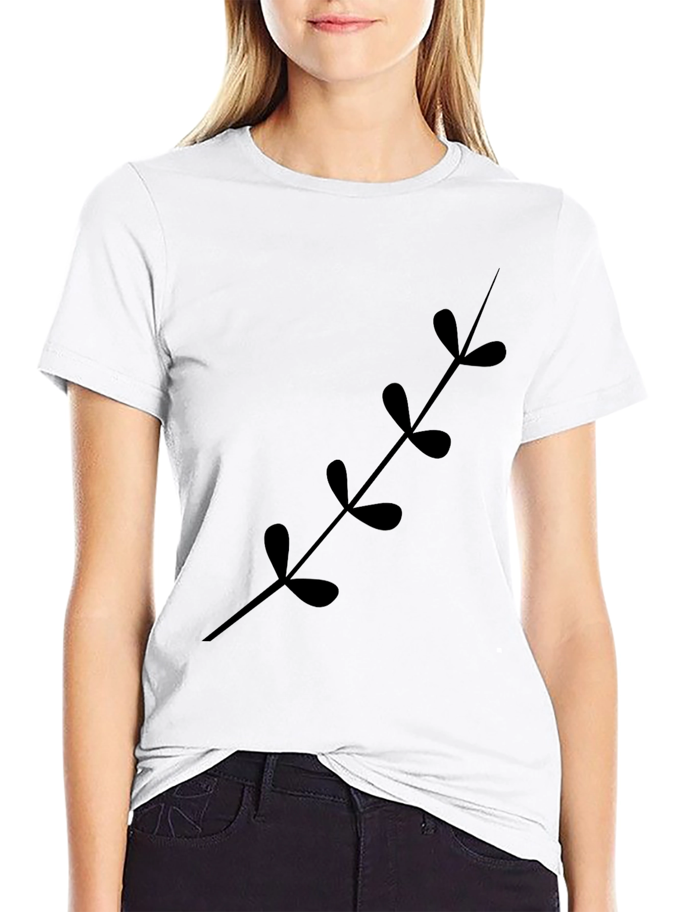 Black T-Shirt with Botanical Leaf Stem Print