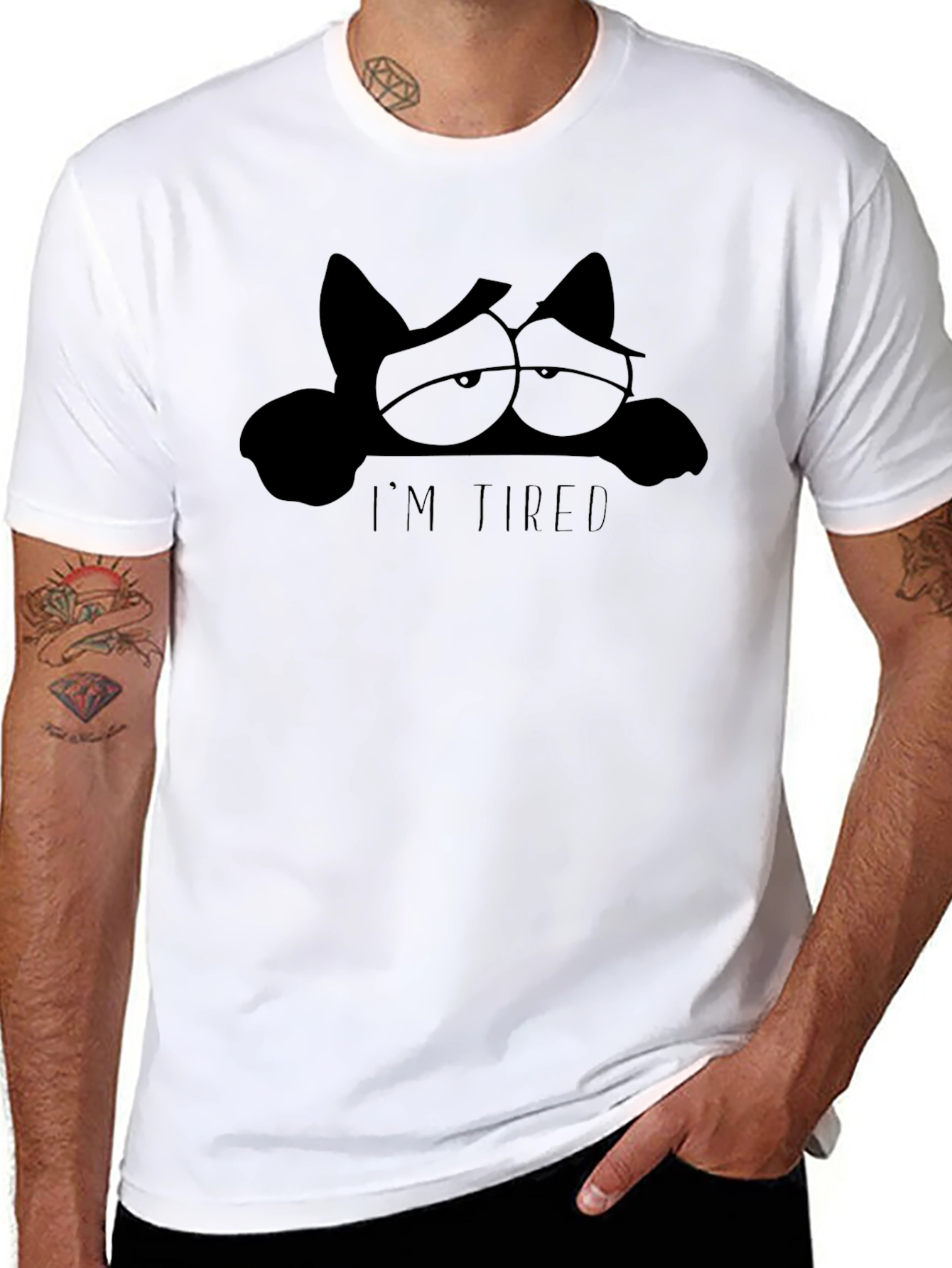 Im Tired Cat Graphic Tee - Black Cotton T-Shirt