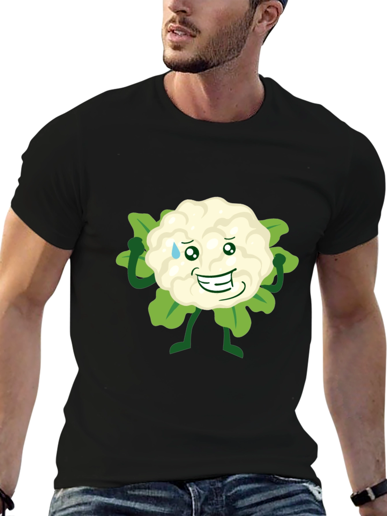 Funny Cauliflower Cartoon Black T-Shirt