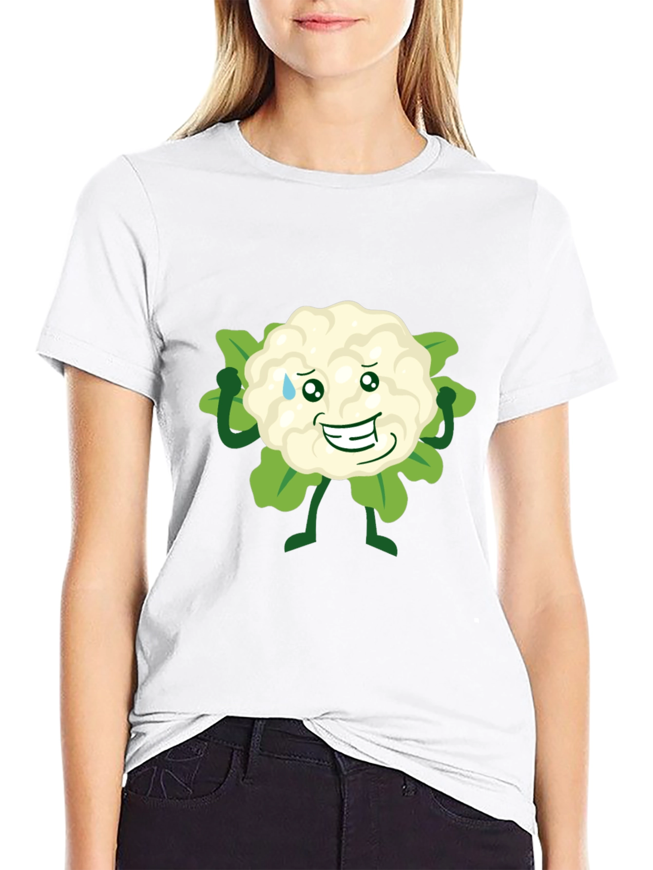 Funny Cauliflower Cartoon Black T-Shirt