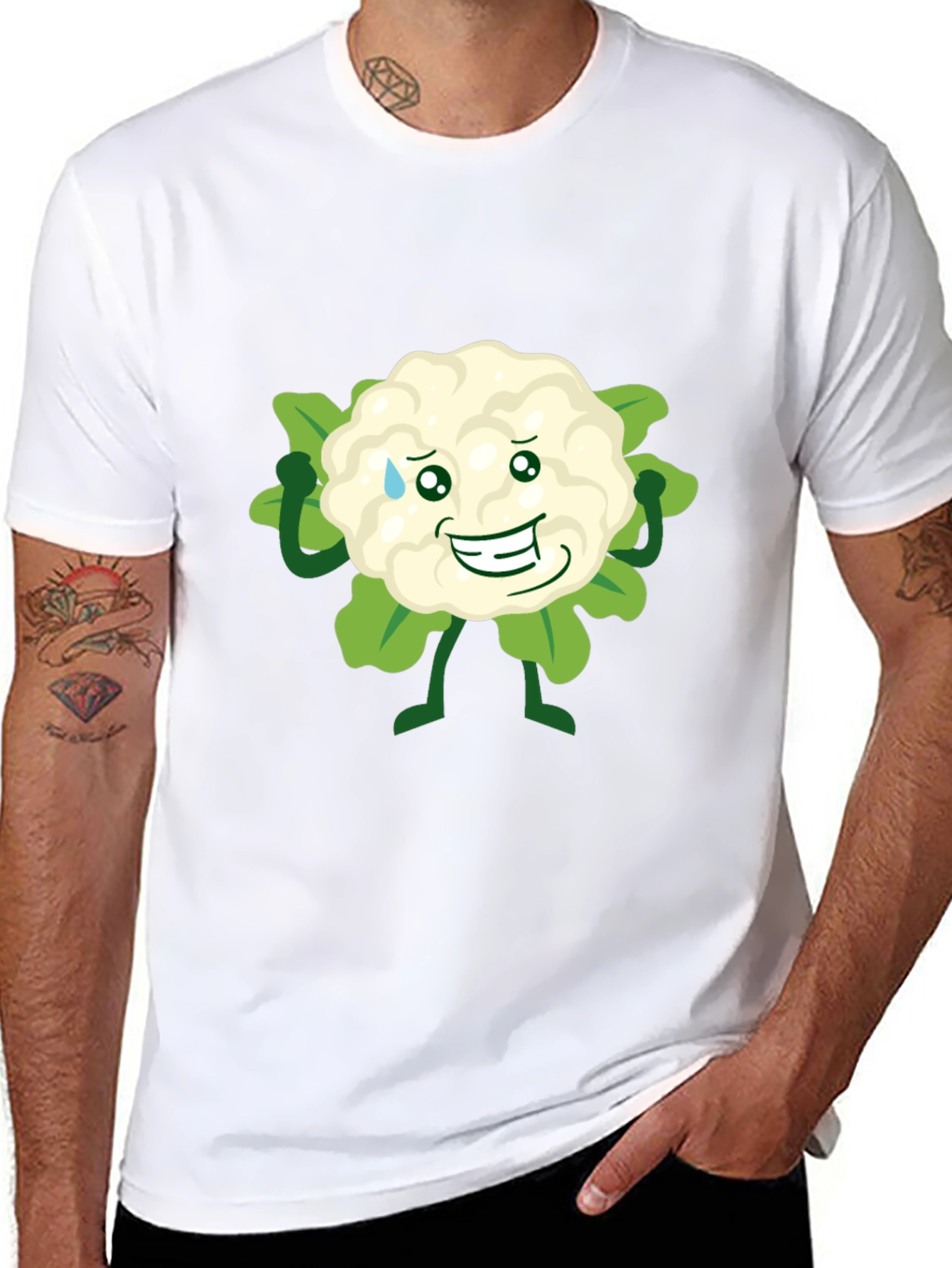 Funny Cauliflower Cartoon Black T-Shirt